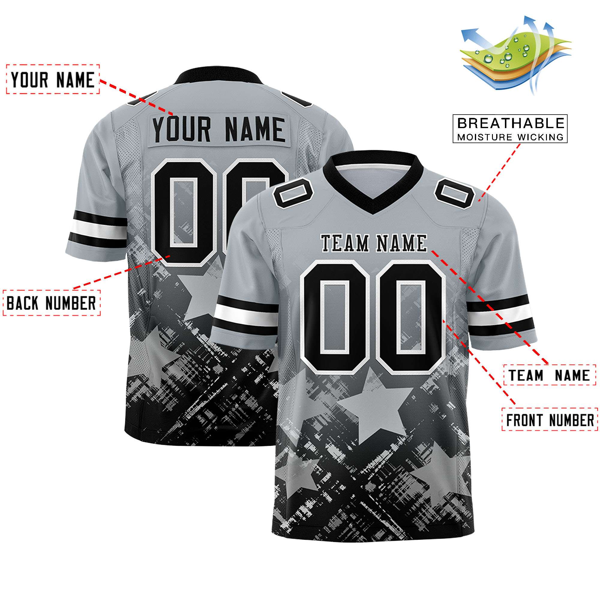 Custom Grey Black Personalized Star Gradient Flag Football Jersey