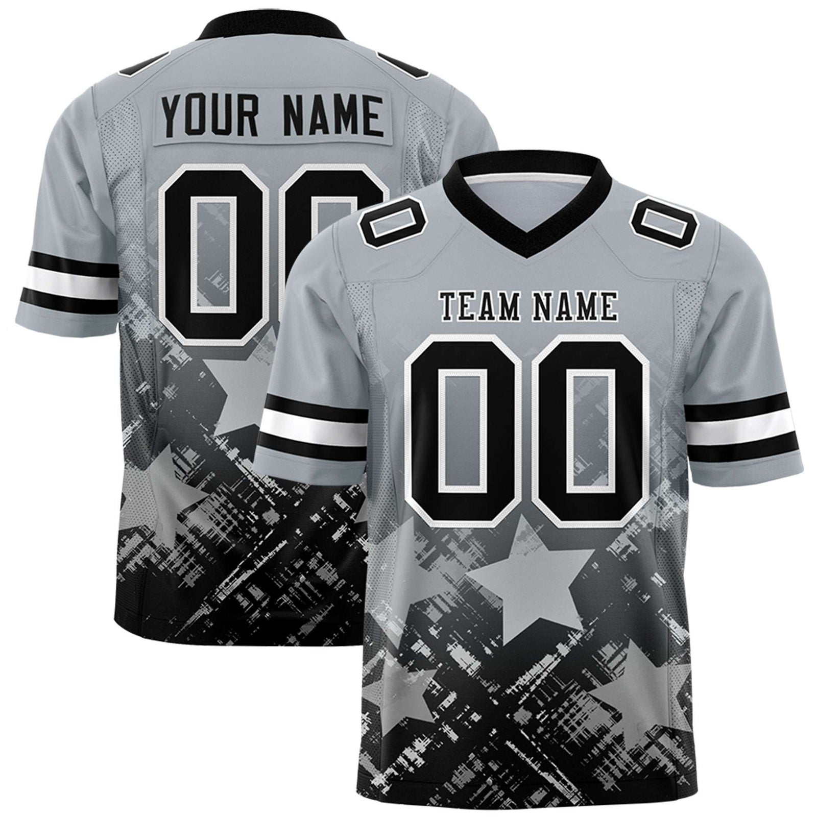 Custom Grey Black Personalized Star Gradient Flag Football Jersey