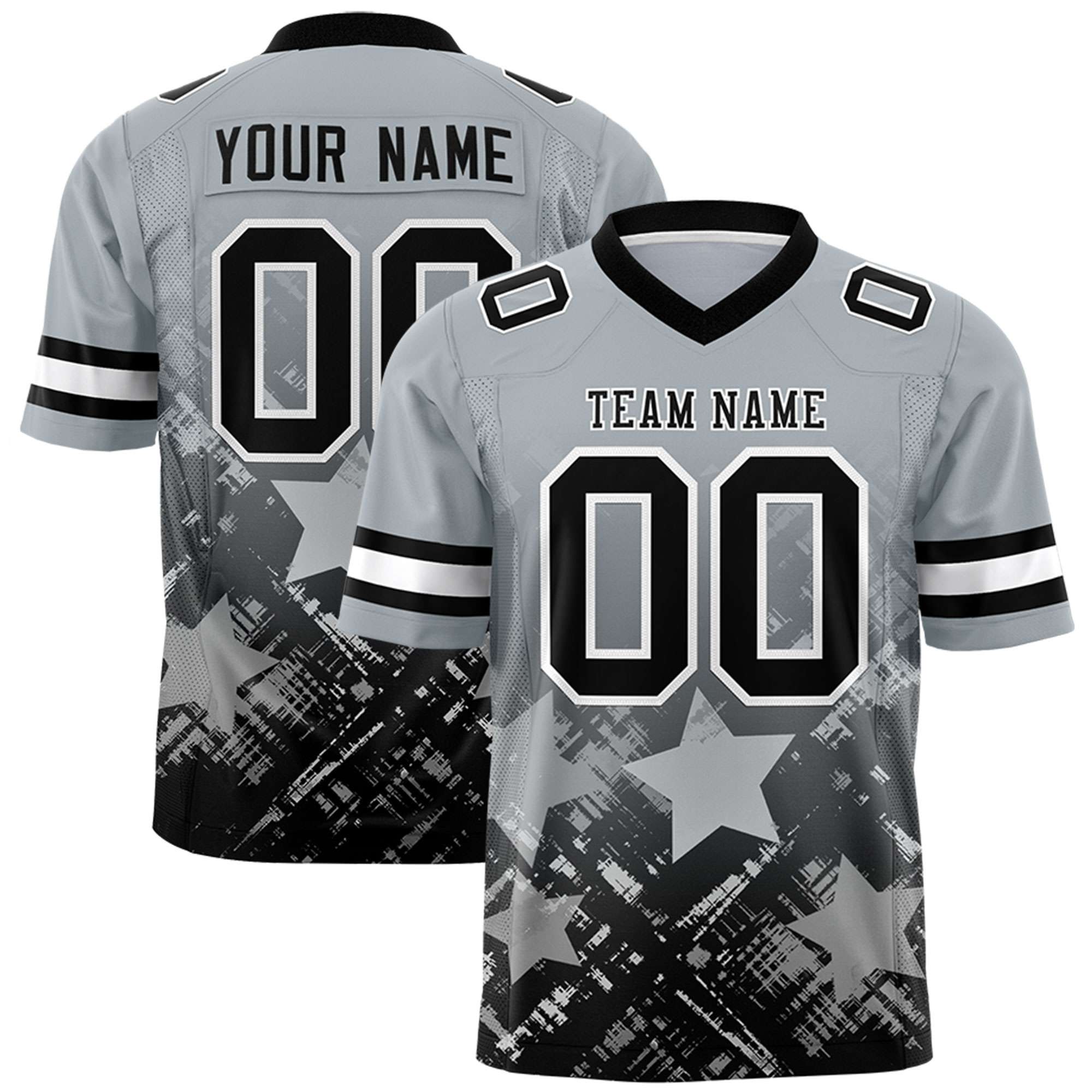 Custom Grey Black Personalized Star Gradient Flag Football Jersey