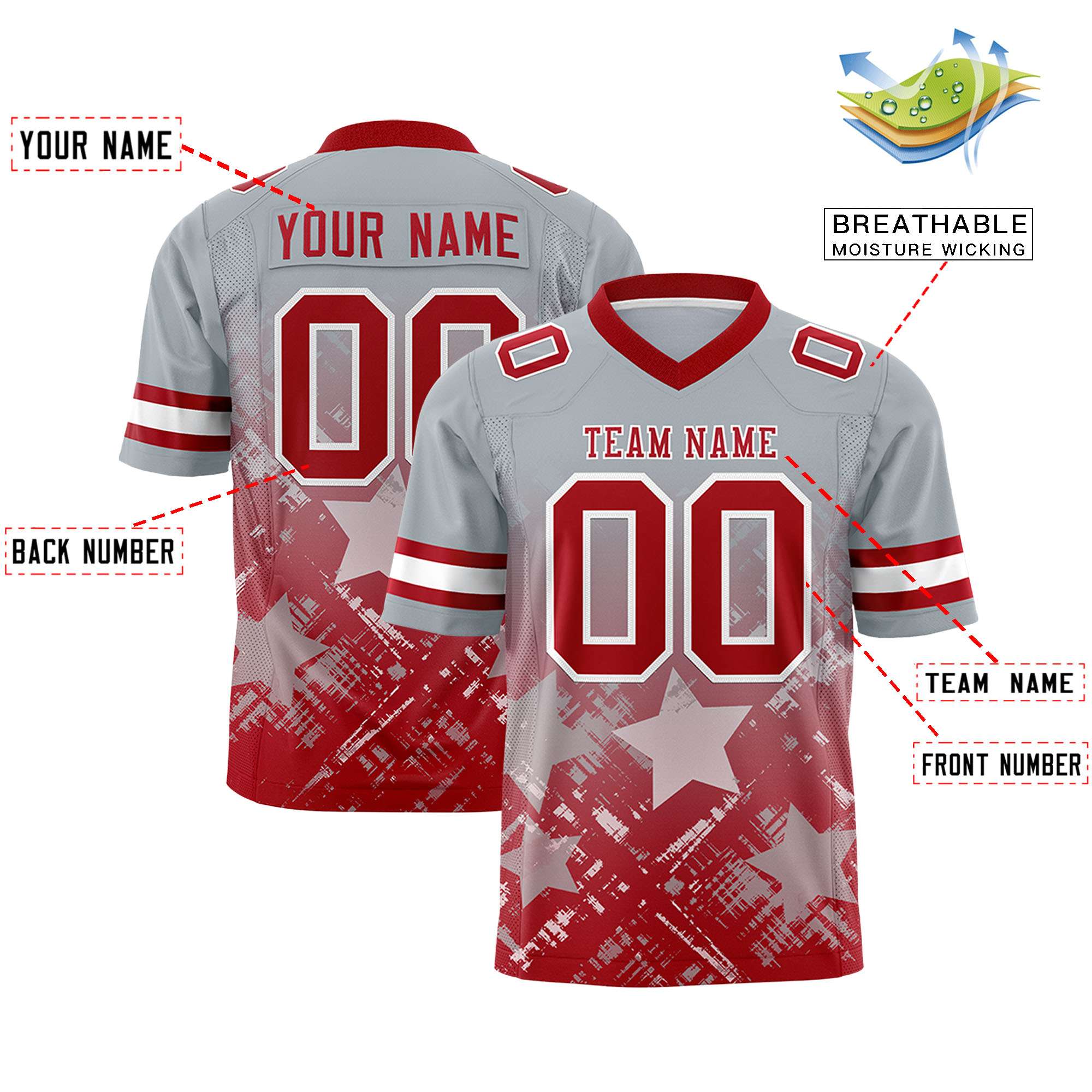 Custom Grey Red Personalized Star Gradient Flag Football Jersey