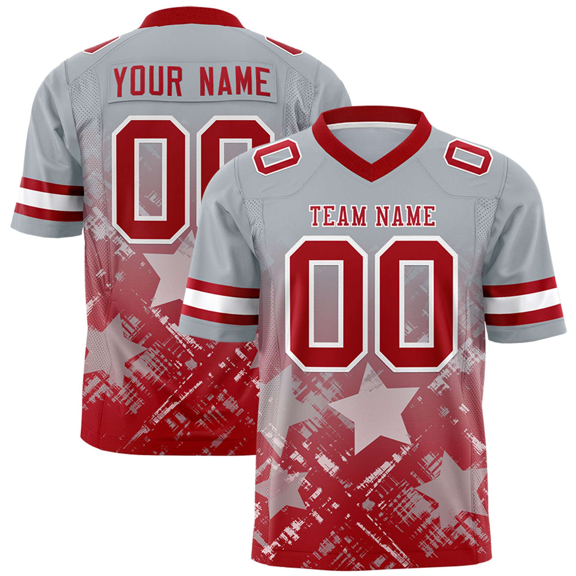 Custom Grey Red Personalized Star Gradient Flag Football Jersey