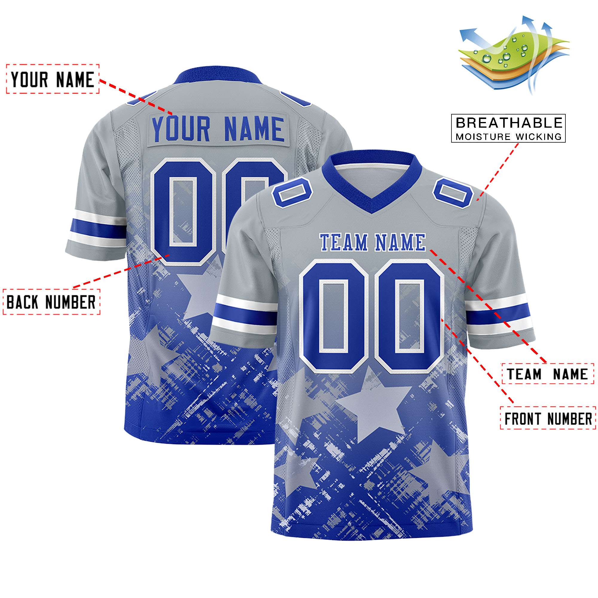 Custom Grey Royal Personalized Star Gradient Flag Football Jersey
