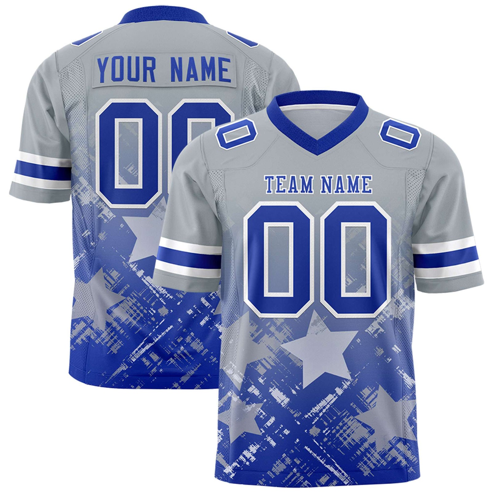 Custom Grey Royal Personalized Star Gradient Flag Football Jersey