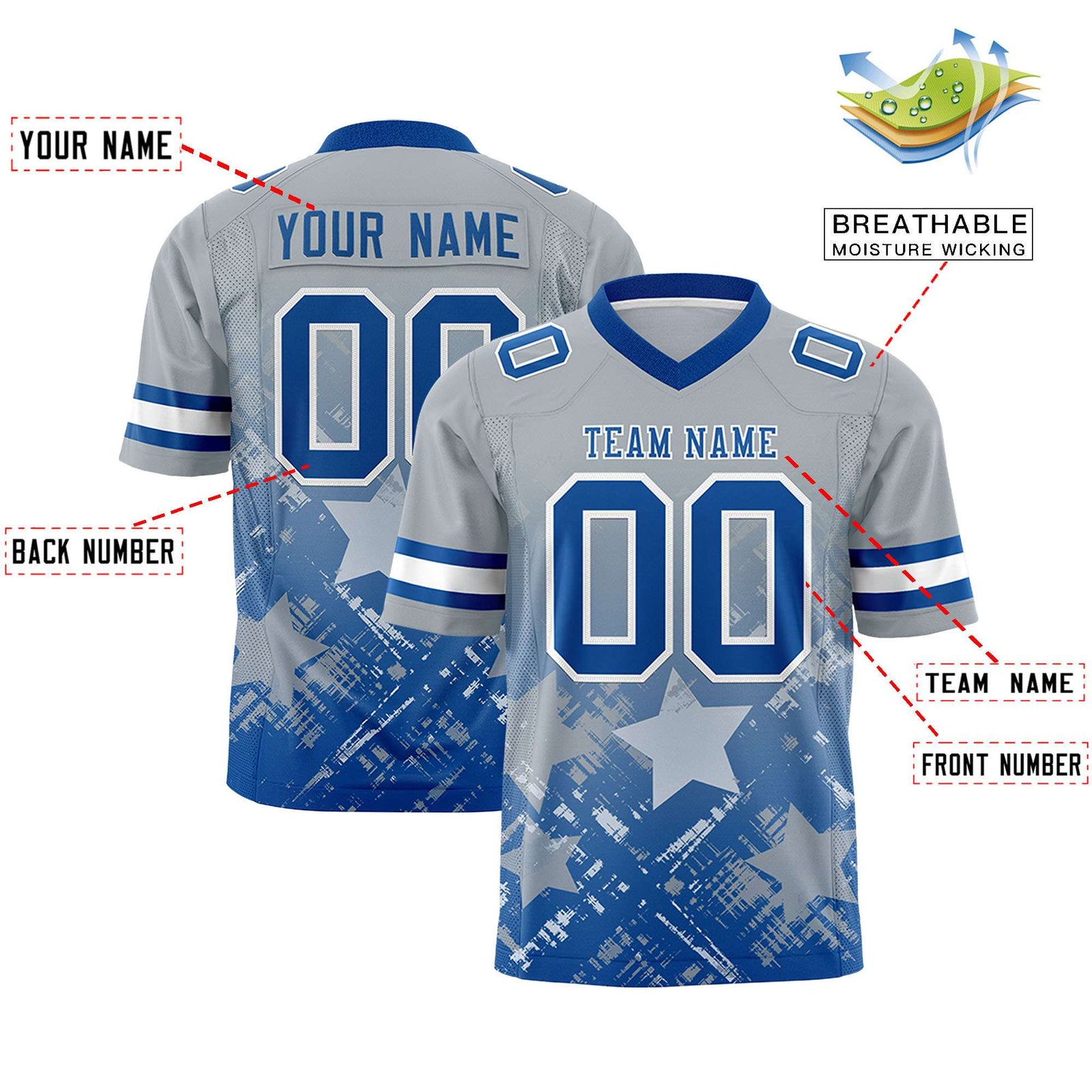 Custom Grey Royal Personalized Star Gradient Flag Football Jersey
