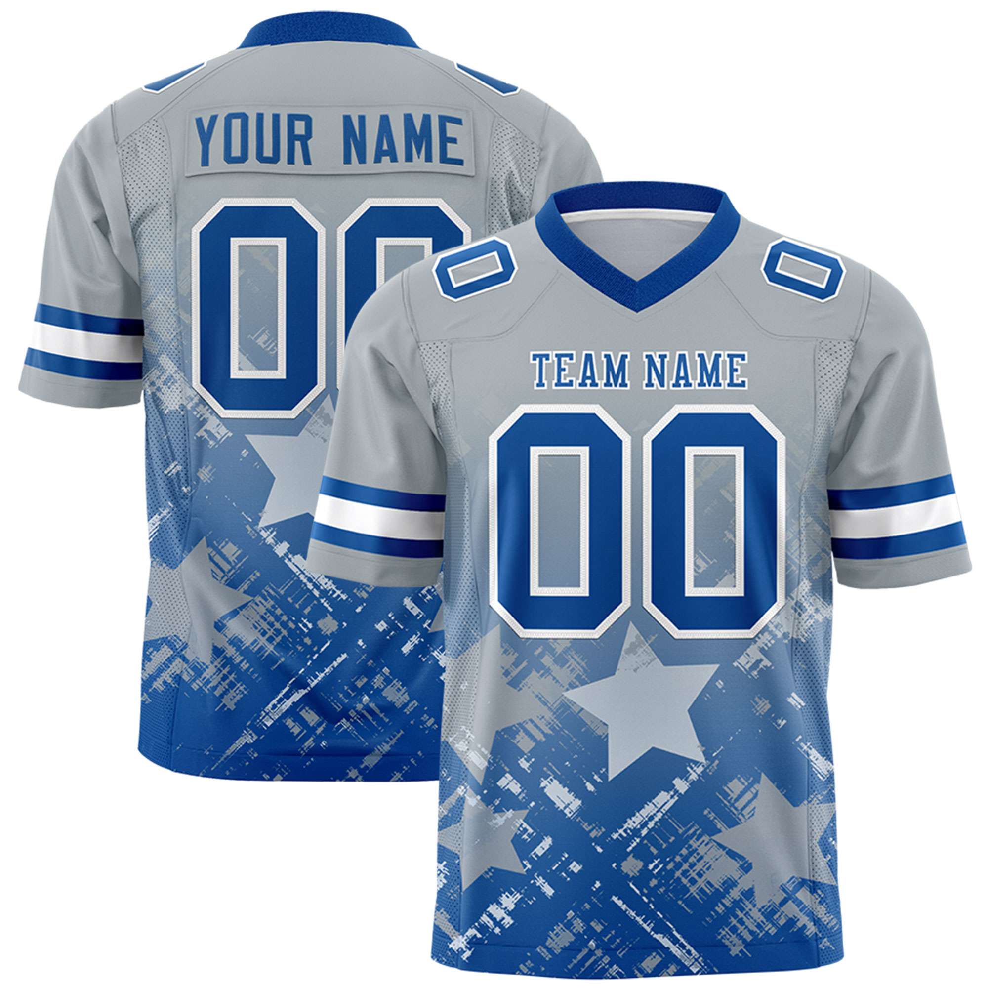 Custom Grey Royal Personalized Star Gradient Flag Football Jersey