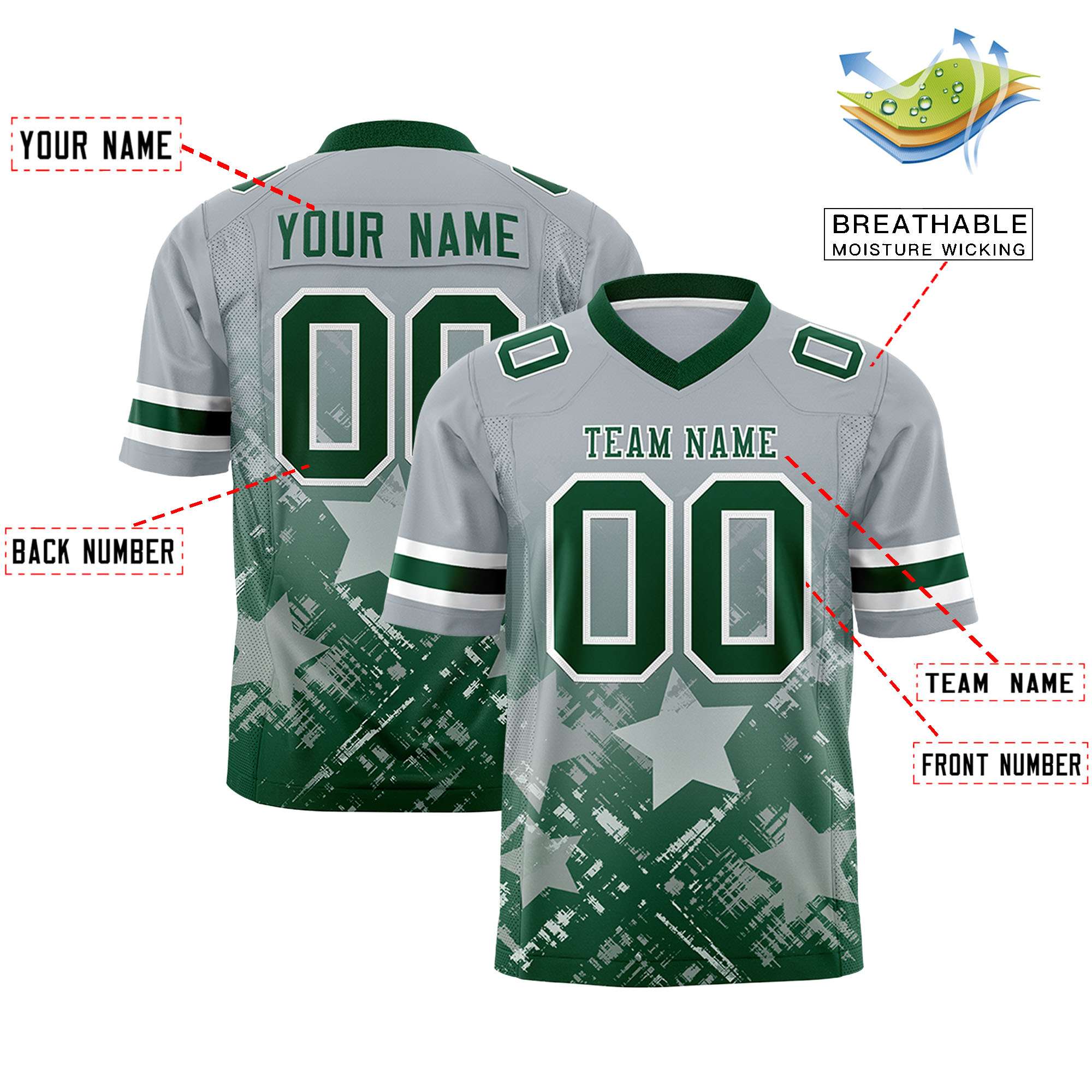 Custom Grey Green Personalized Star Gradient Flag Football Jersey