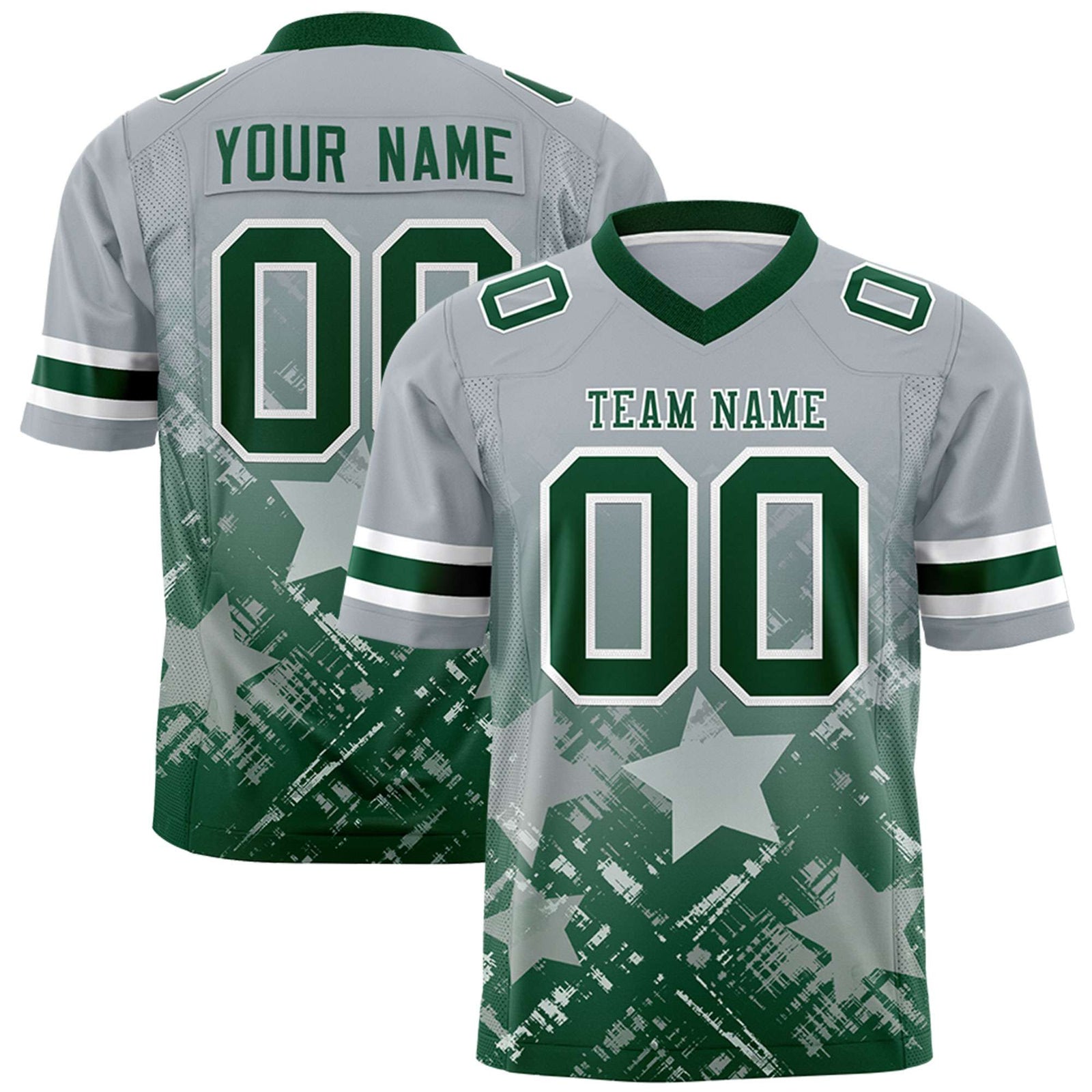 Custom Grey Green Personalized Star Gradient Flag Football Jersey