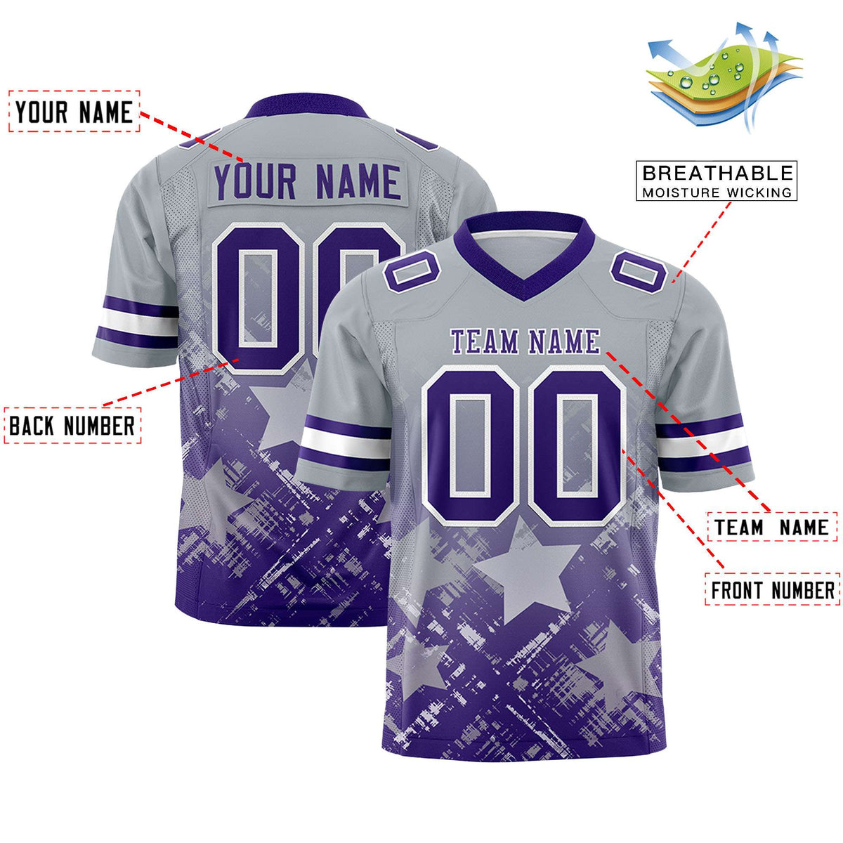 Custom Grey Purple Personalized Star Gradient Flag Football Jersey