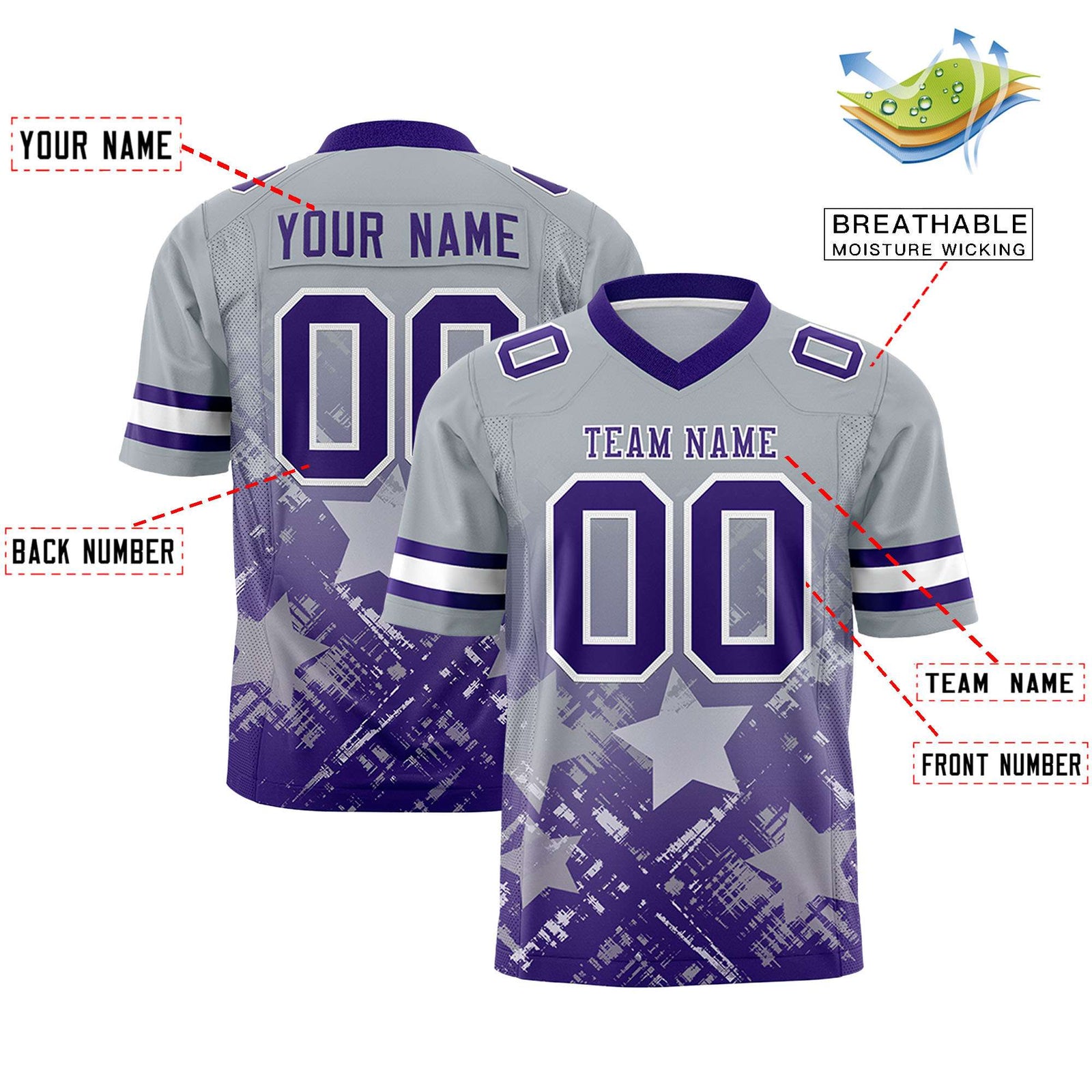 Custom Grey Purple Personalized Star Gradient Flag Football Jersey