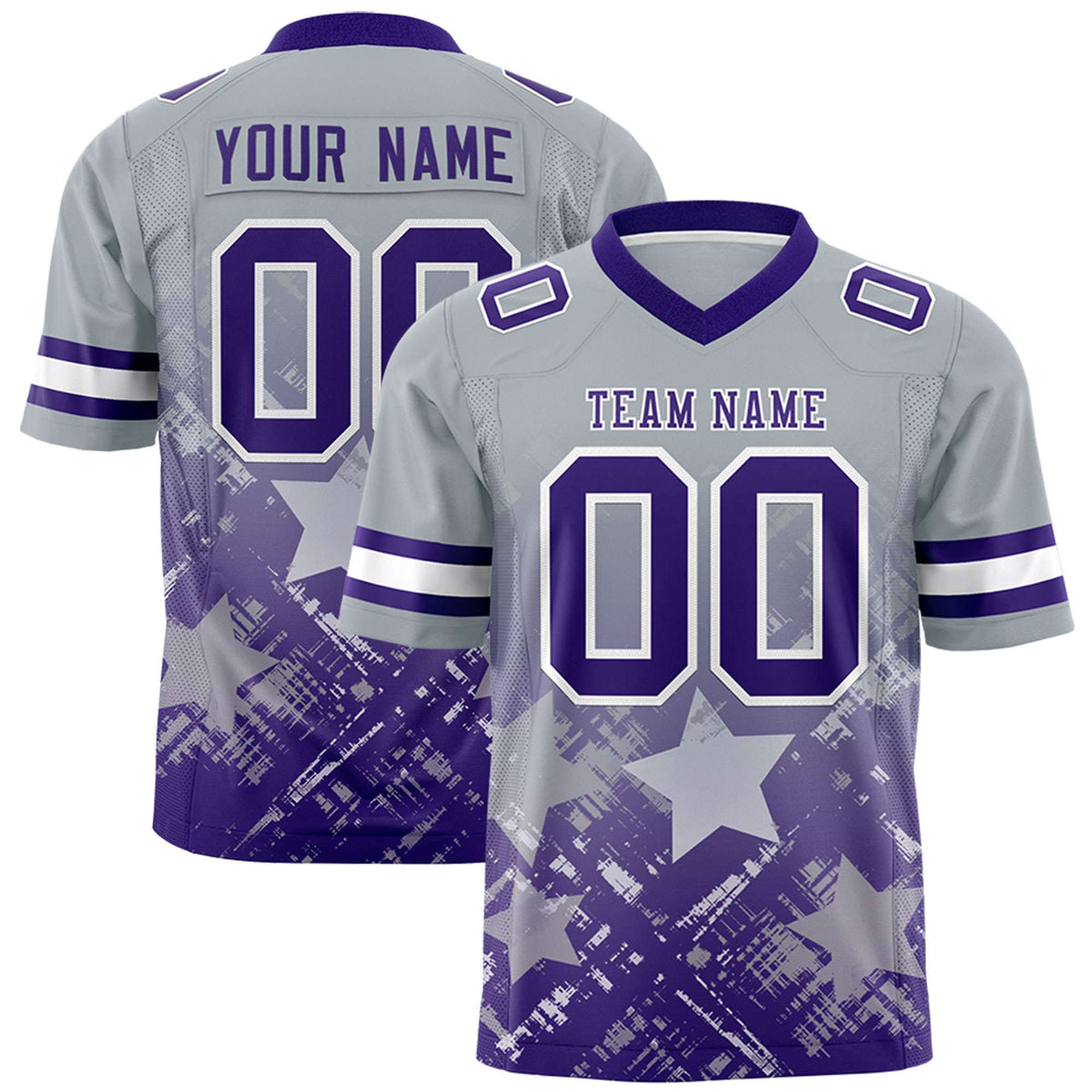 Custom Grey Purple Personalized Star Gradient Flag Football Jersey