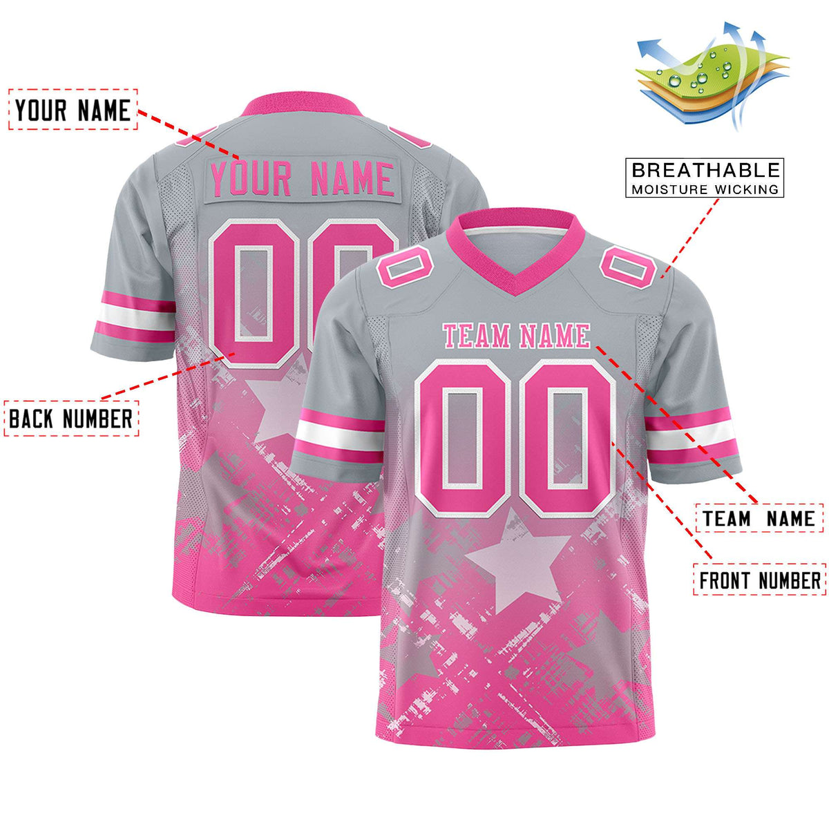 Custom Grey Pink Personalized Star Gradient Flag Football Jersey