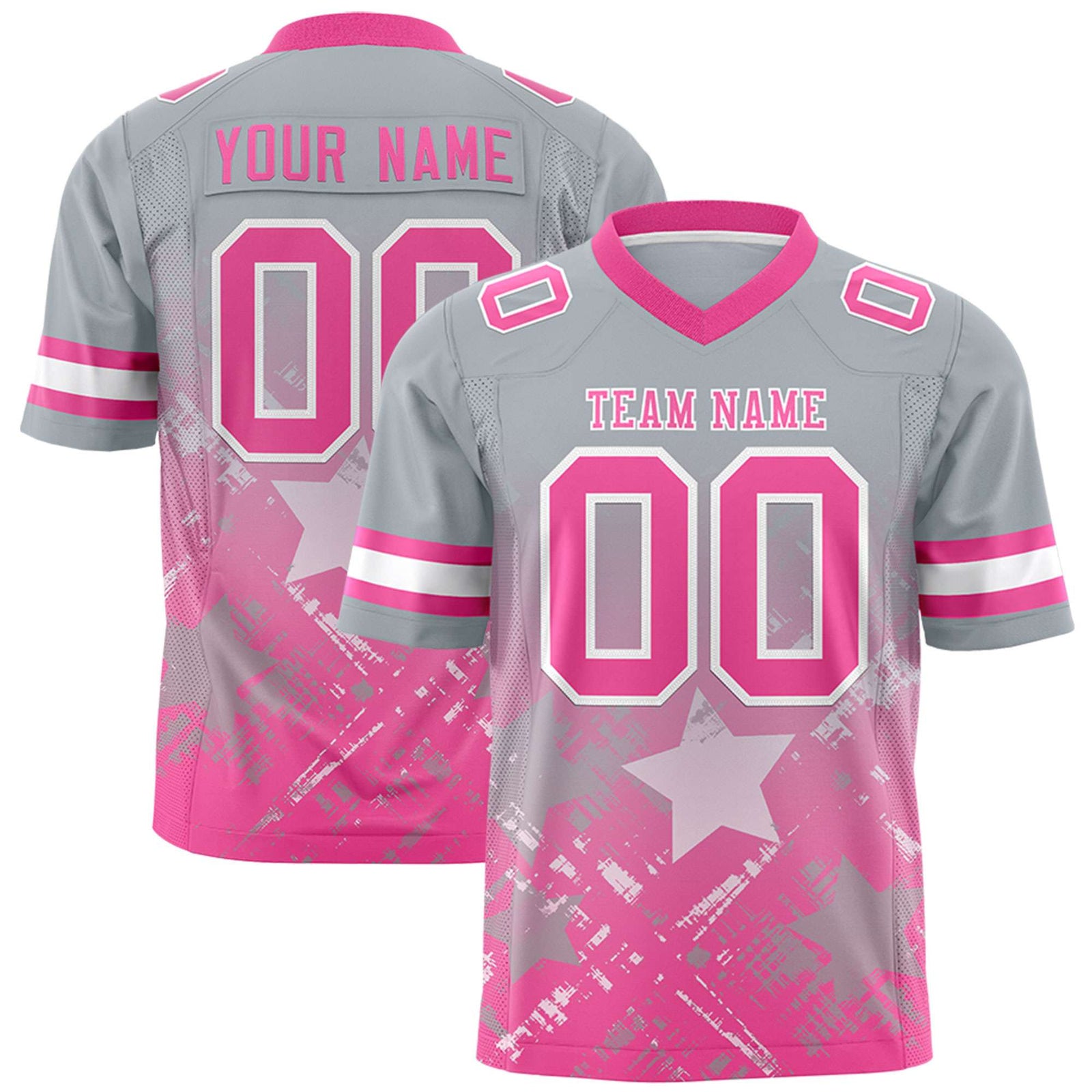 Custom Grey Pink Personalized Star Gradient Flag Football Jersey