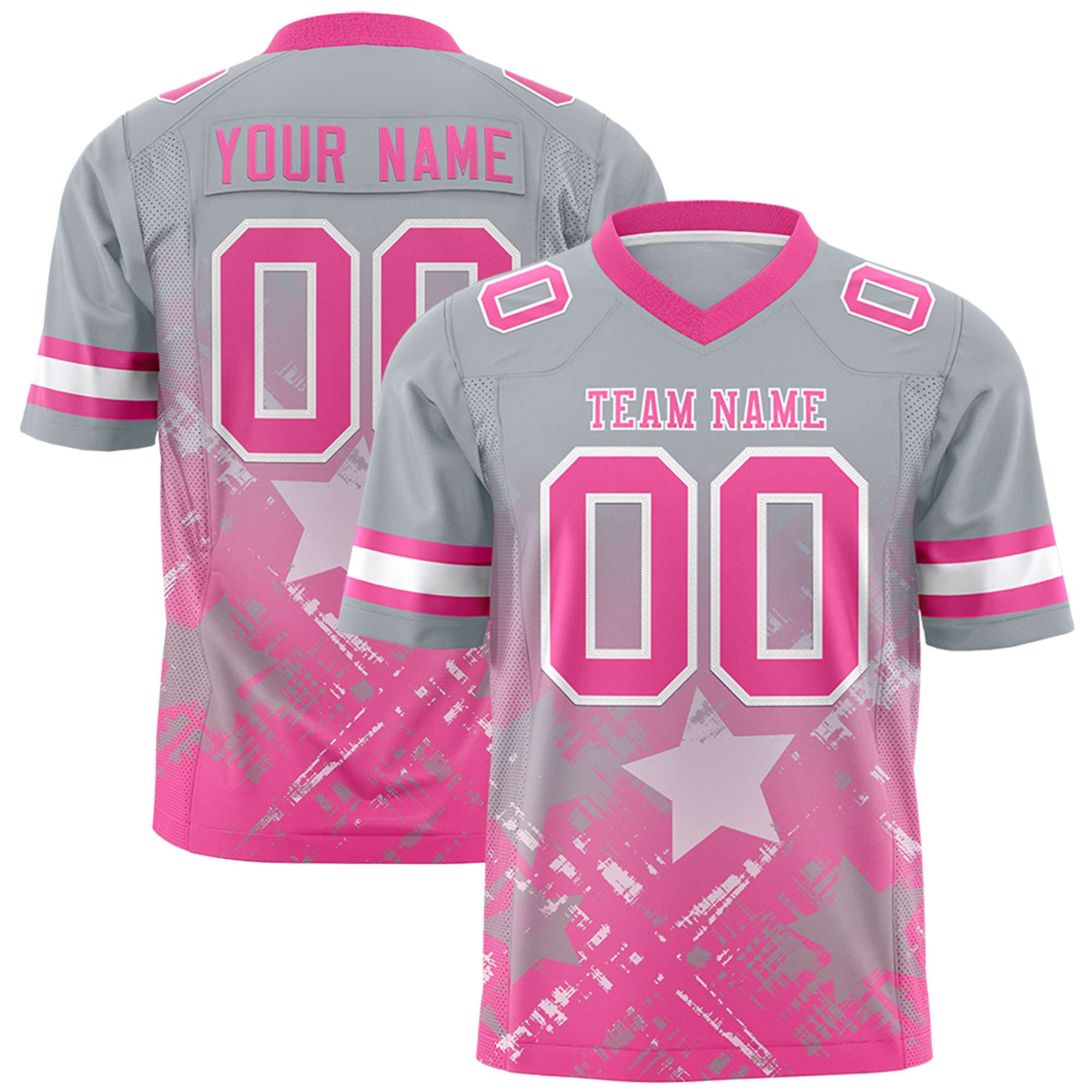 Custom Grey Pink Personalized Star Gradient Flag Football Jersey