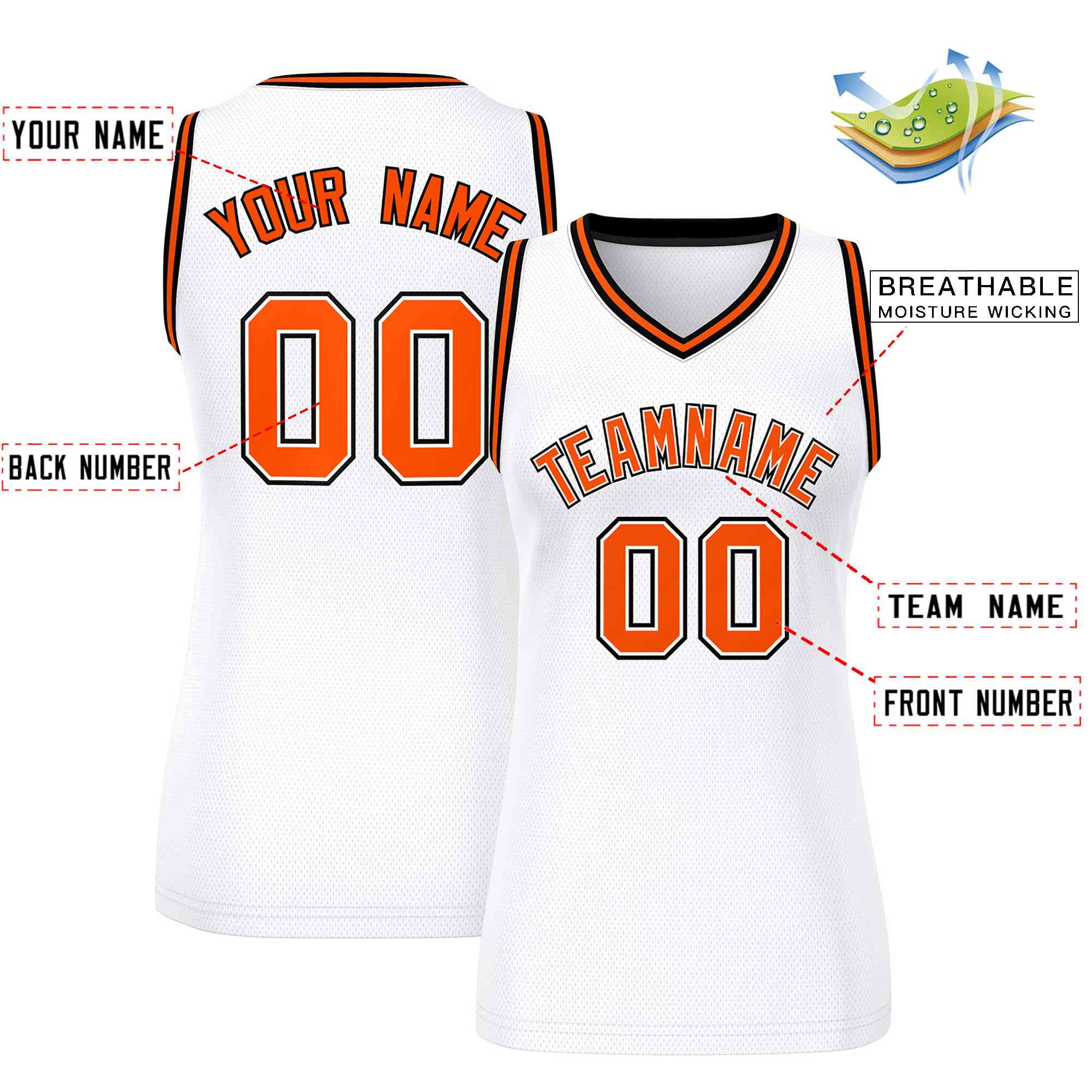 Custom White Orange-Black Classic Tops Mesh Basketball Jersey for Women