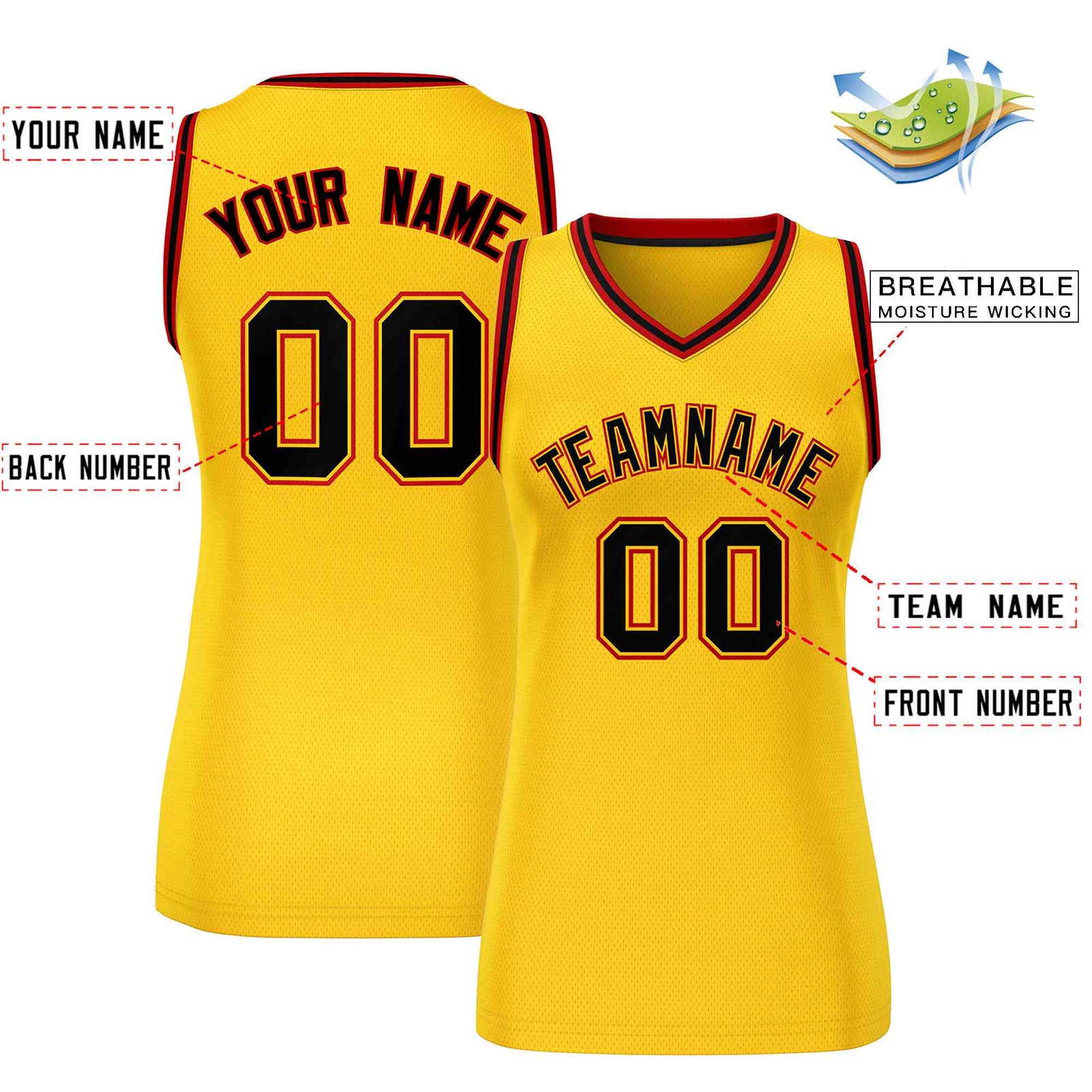 Custom Yellow Black-Red Classic Tops Mesh Basketball Jersey for Women