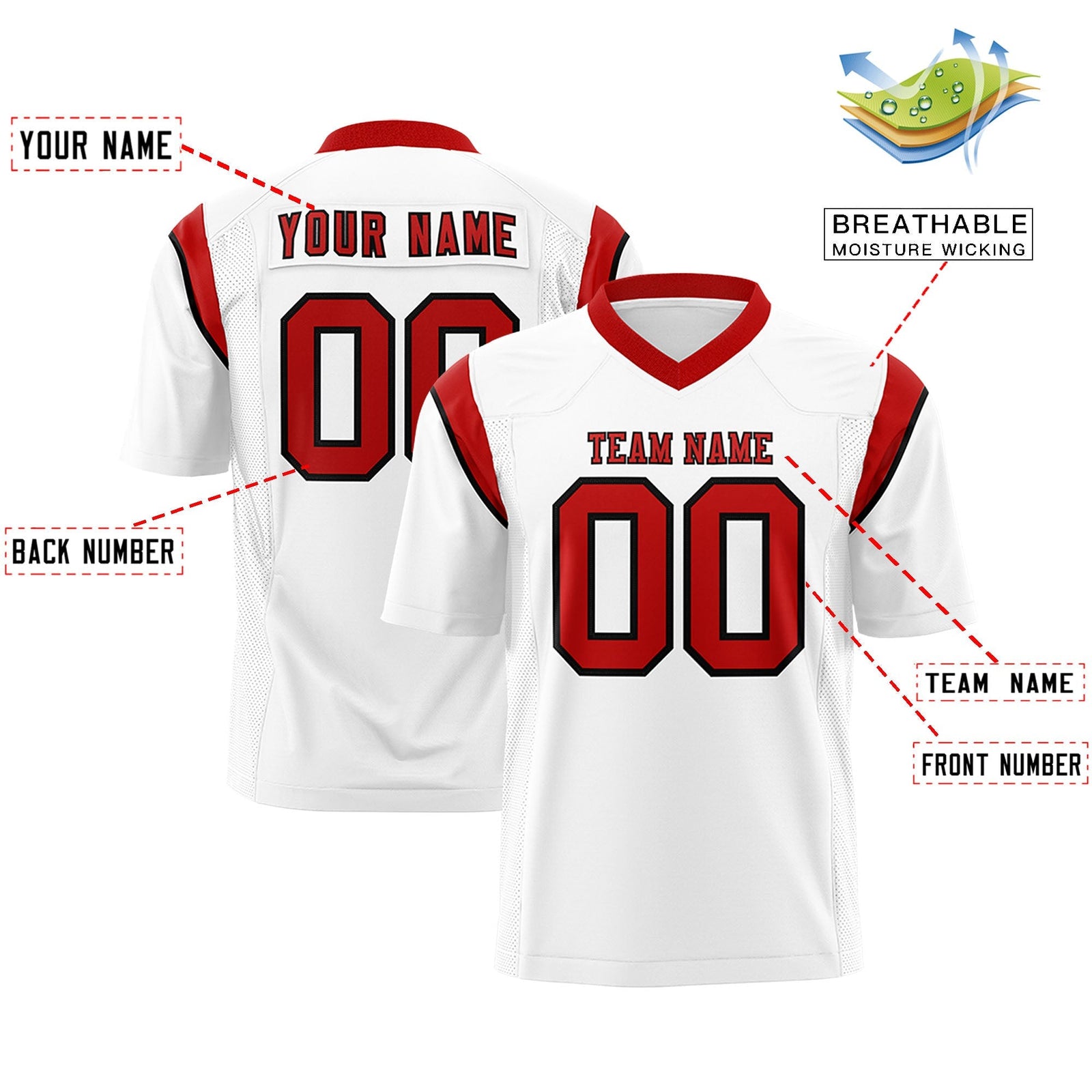 Custom White Red Personalized Shoulder Cut Two-Tone Flag Football Jersey
