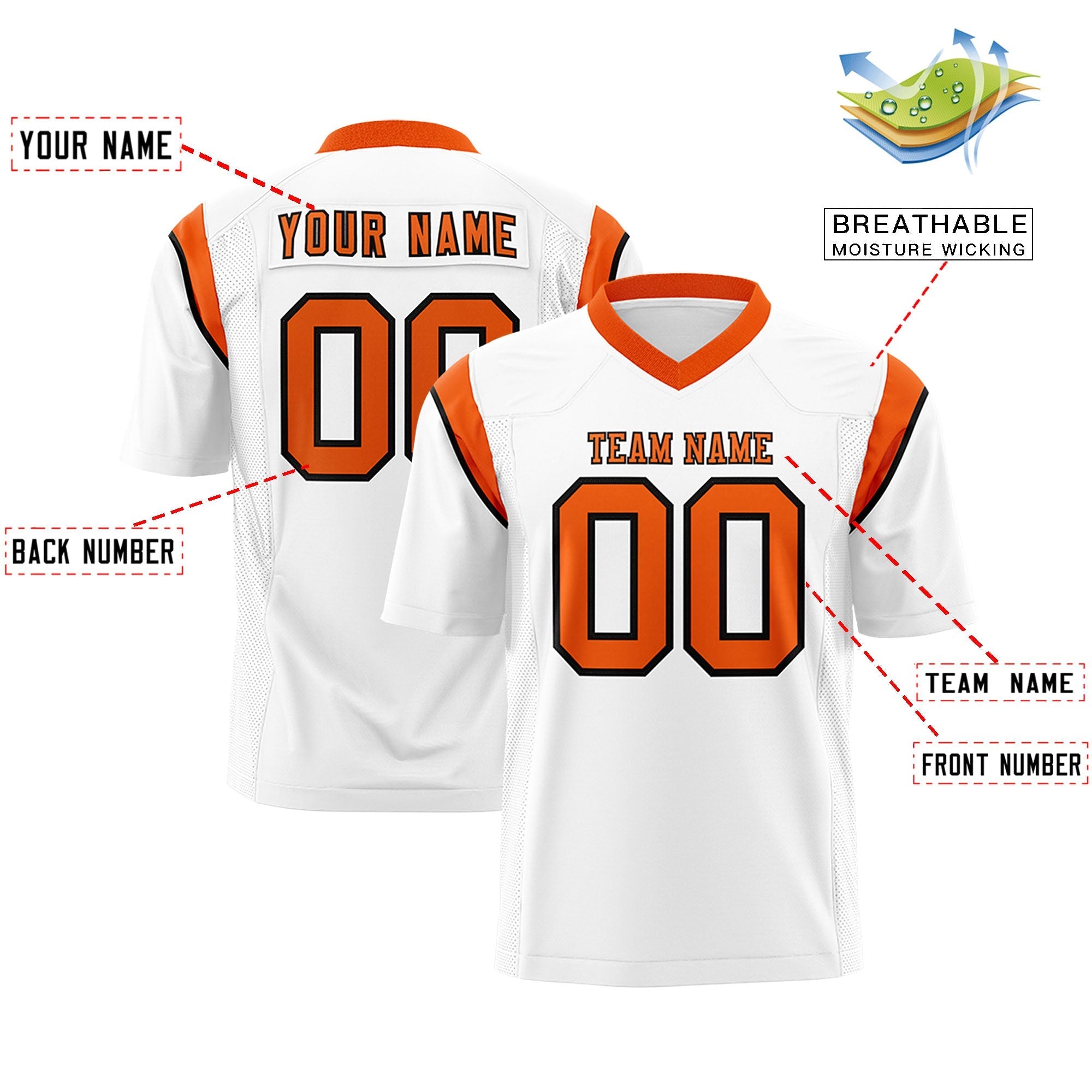 Custom White Orange Personalized Shoulder Cut Two-Tone Flag Football Jersey