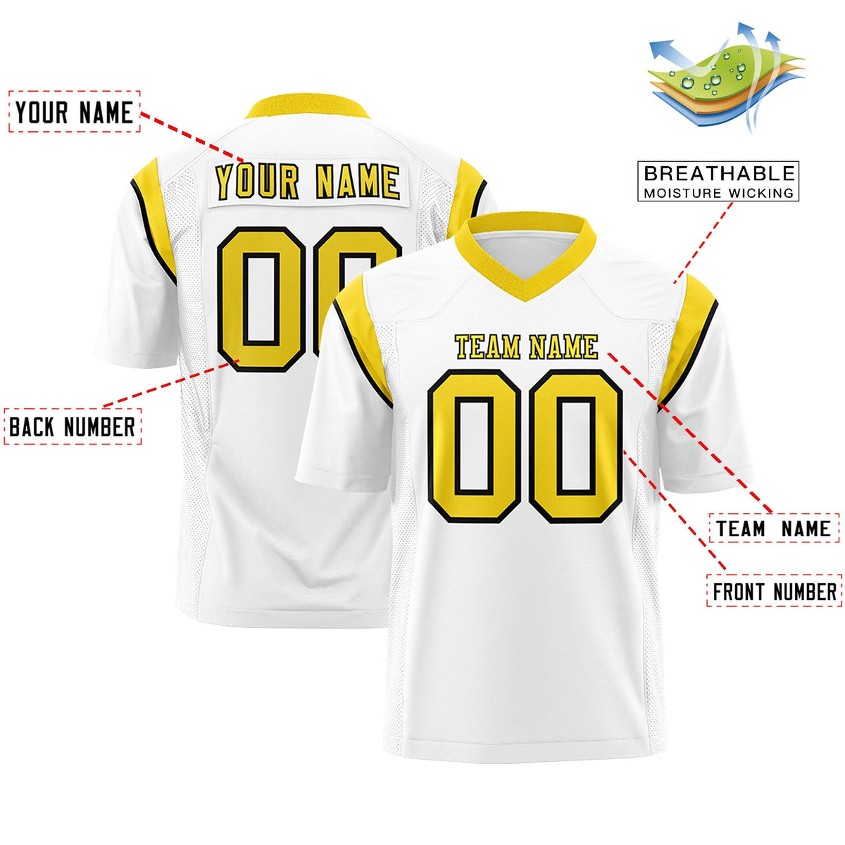 Custom White Gold Personalized Shoulder Cut Two-Tone Flag Football Jersey