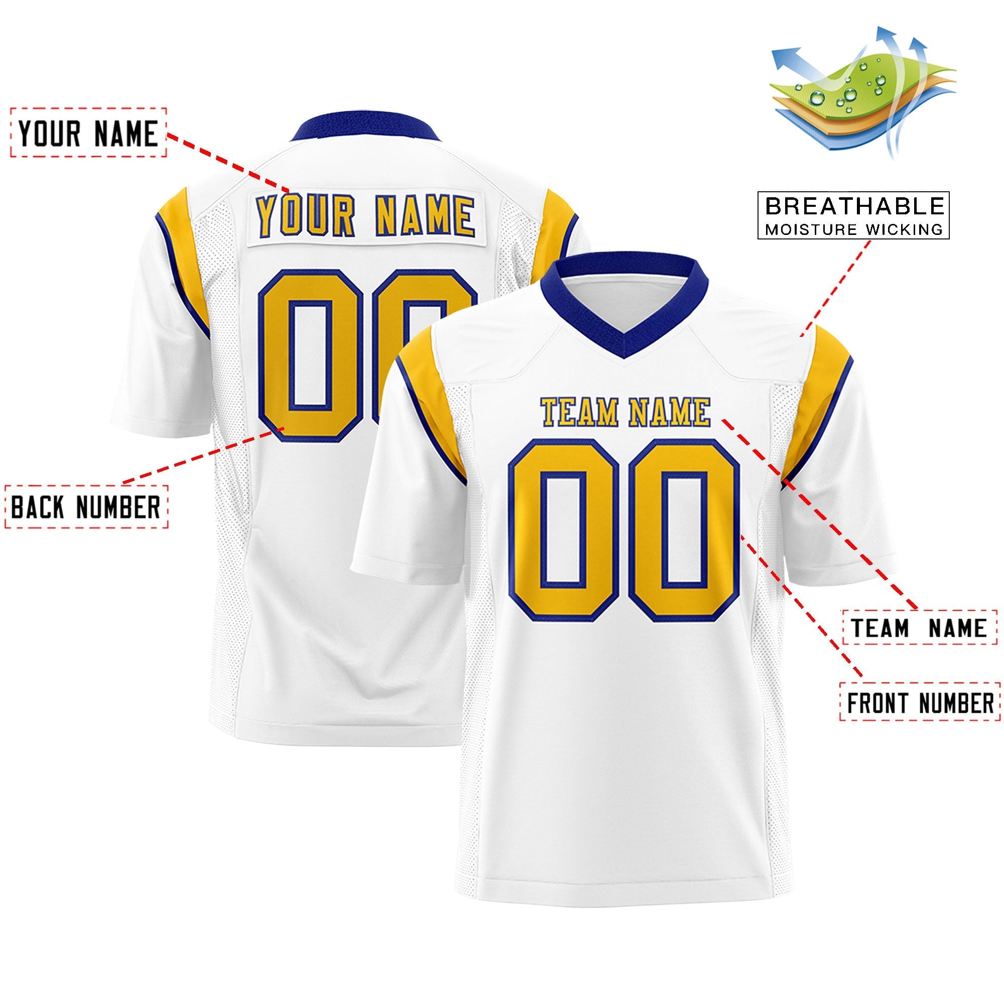 Custom White Yellow Personalized Shoulder Cut Two-Tone Flag Football Jersey