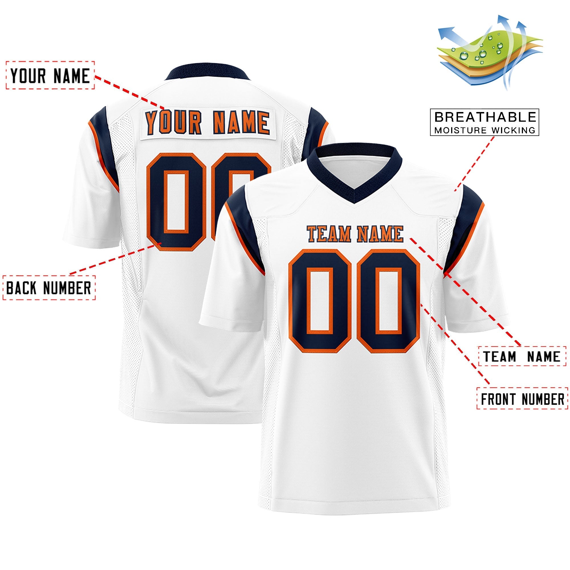 Custom White Navy Personalized Shoulder Cut Two-Tone Flag Football Jersey