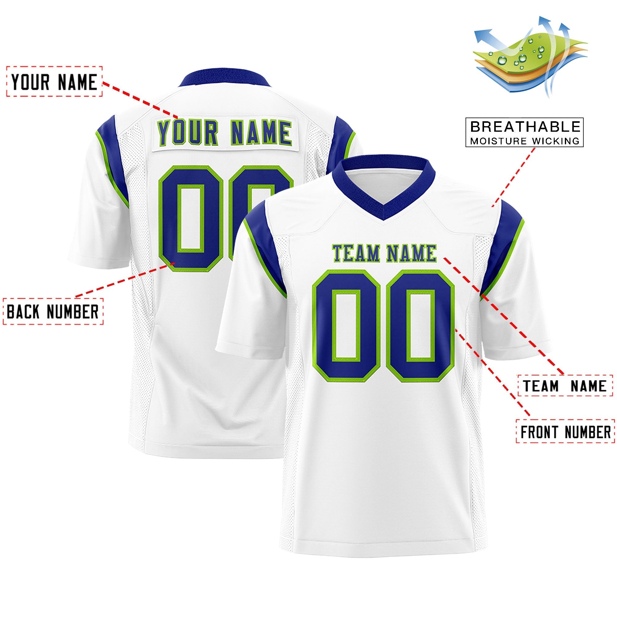 Custom White Neon Green Personalized Shoulder Cut Two-Tone Flag Football Jersey