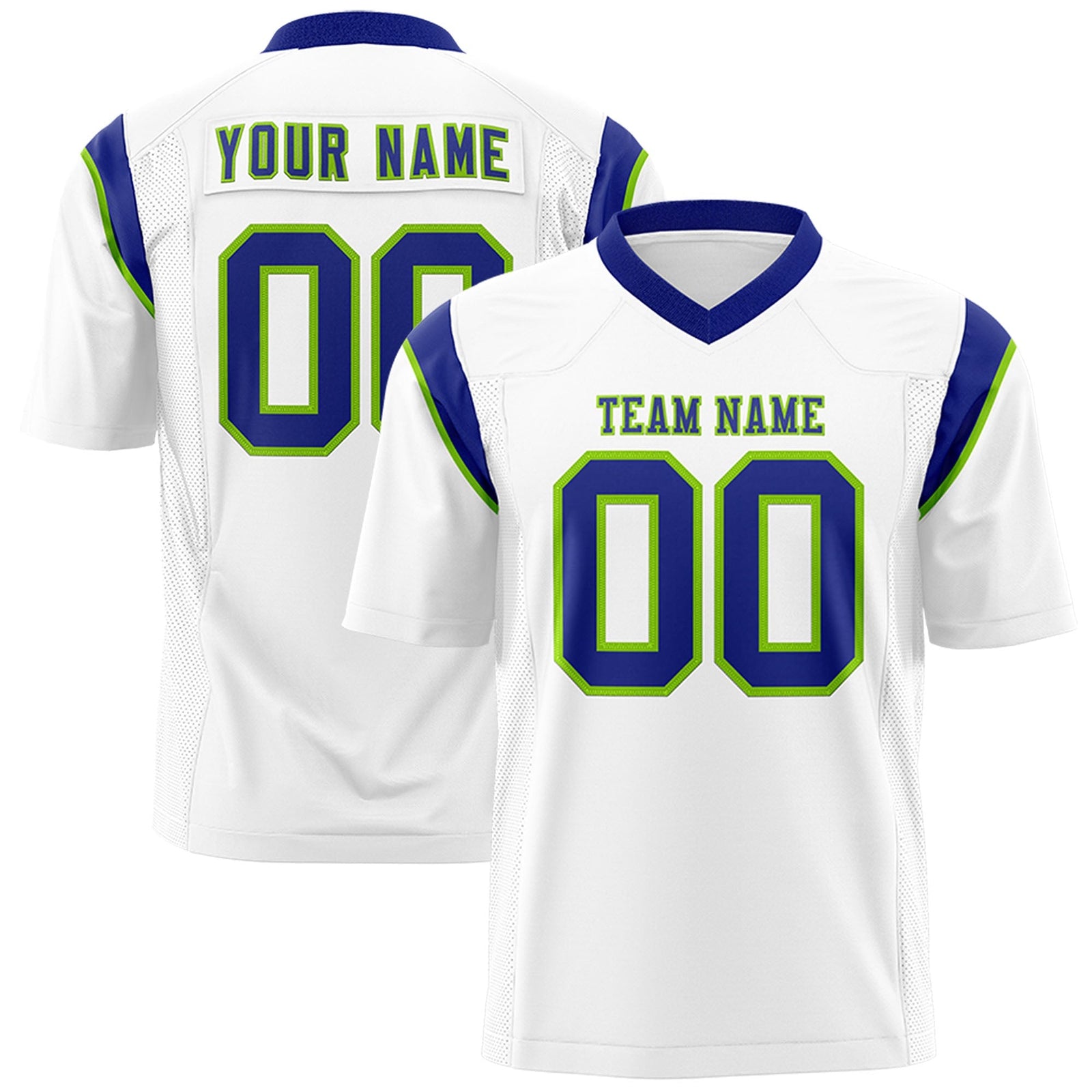 Custom White Neon Green Personalized Shoulder Cut Two-Tone Flag Football Jersey
