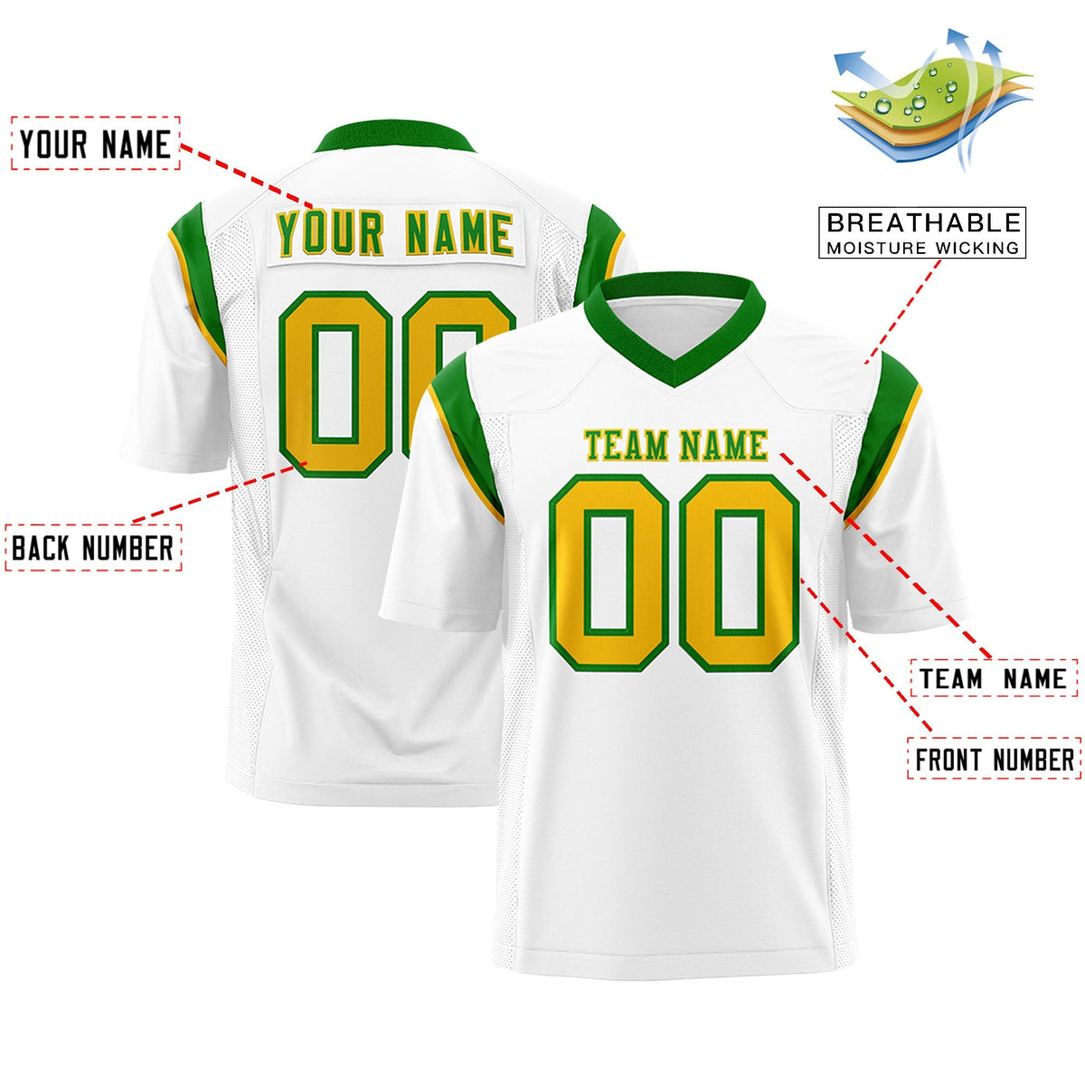 Custom White Kelly Green Personalized Shoulder Cut Two-Tone Flag Football Jersey