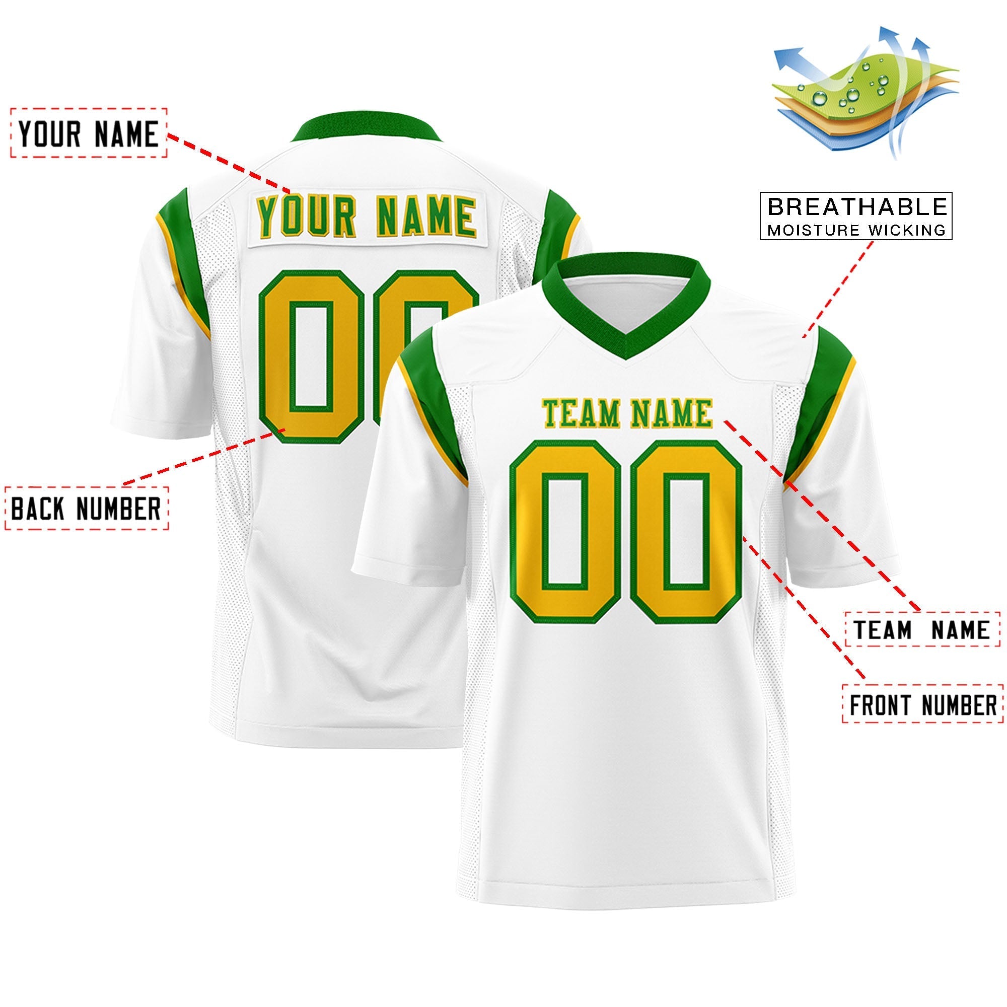 Custom White Kelly Green Personalized Shoulder Cut Two-Tone Flag Football Jersey