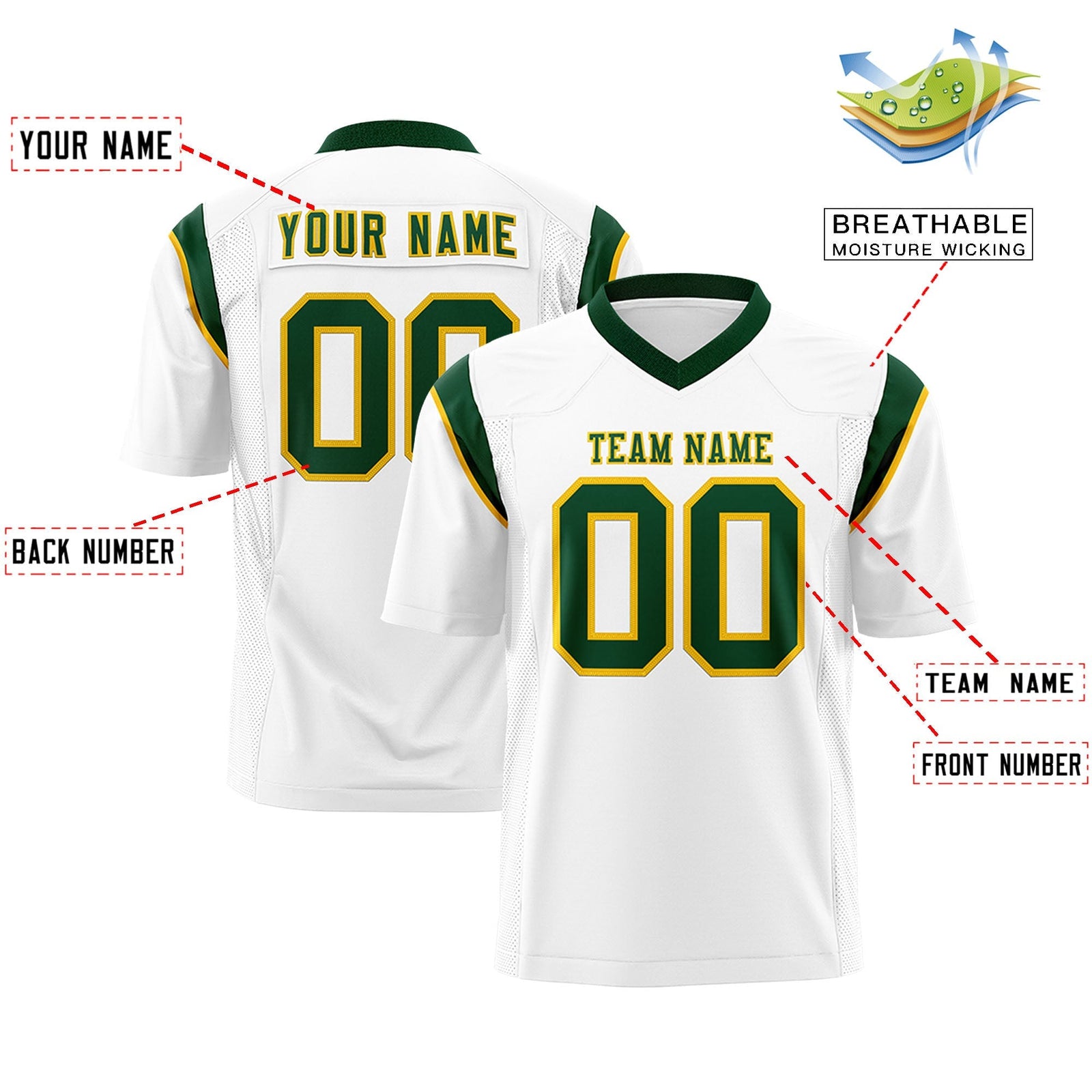Custom White Green Personalized Shoulder Cut Two-Tone Flag Football Jersey
