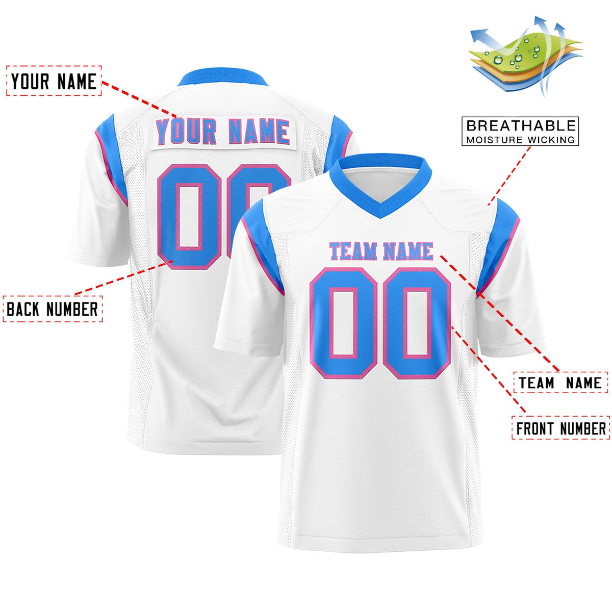 Custom White Powder Blue Personalized Shoulder Cut Two-Tone Flag Football Jersey