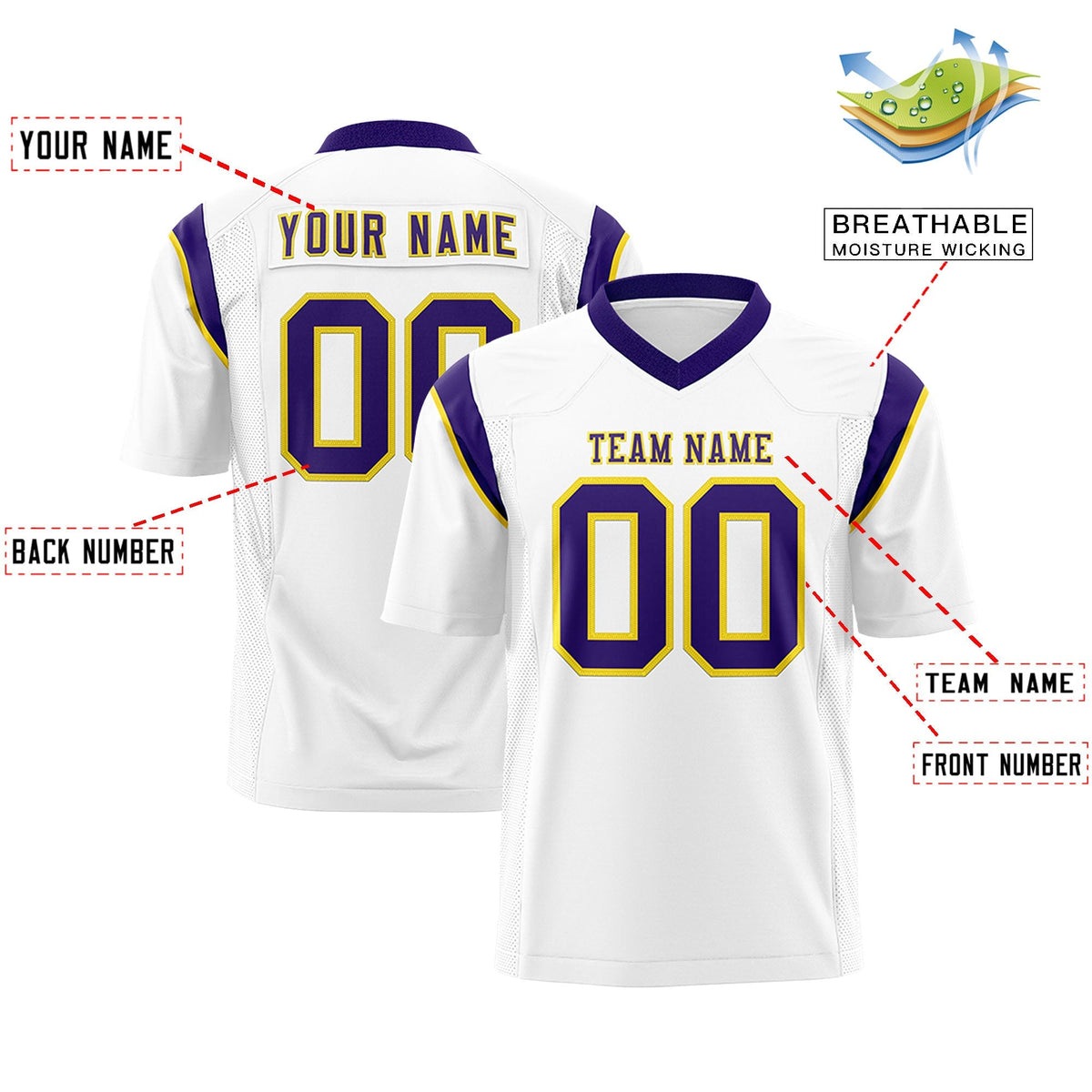 Custom White Purple Personalized Shoulder Cut Two-Tone Flag Football Jersey