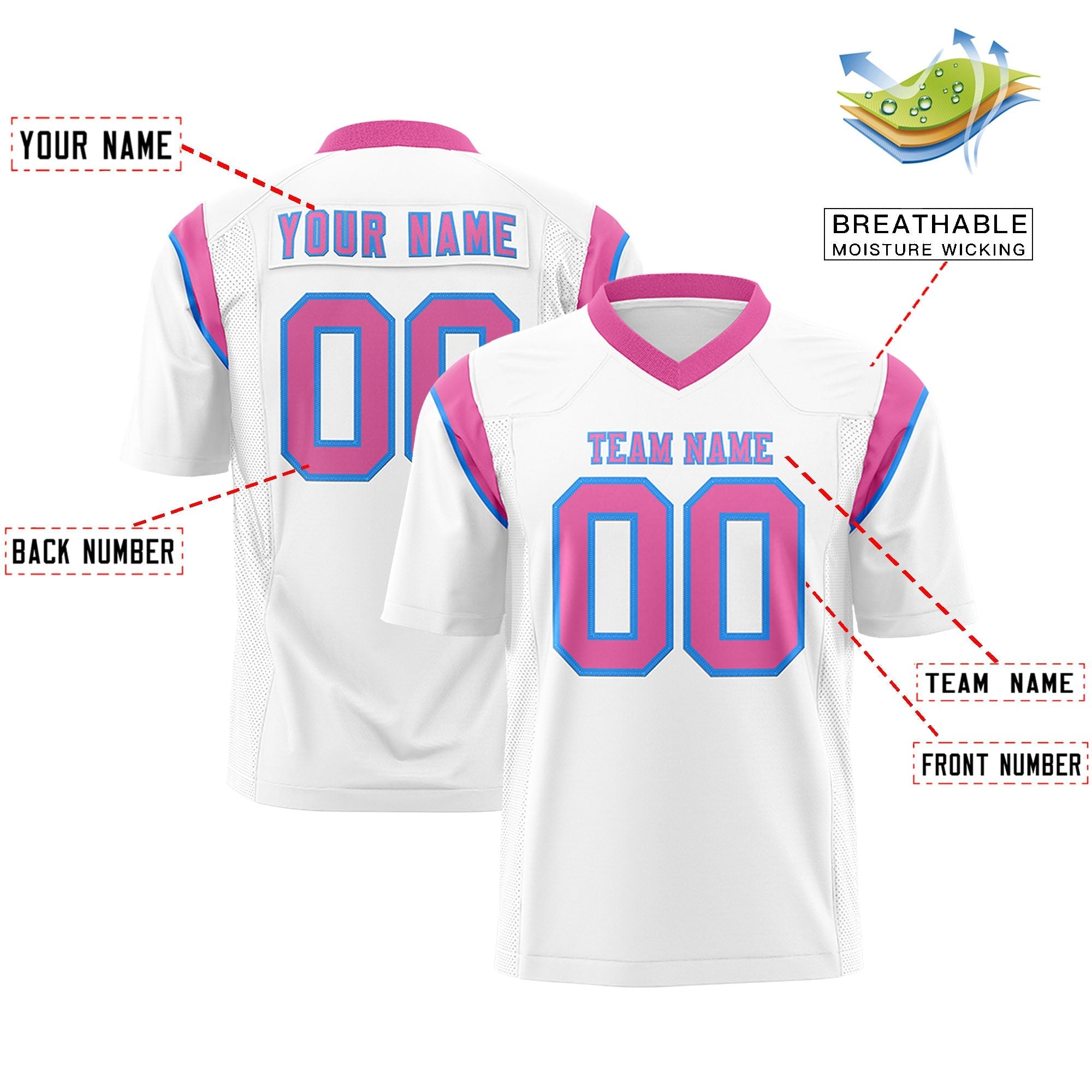 Custom White Pink Personalized Shoulder Cut Two-Tone Flag Football Jersey