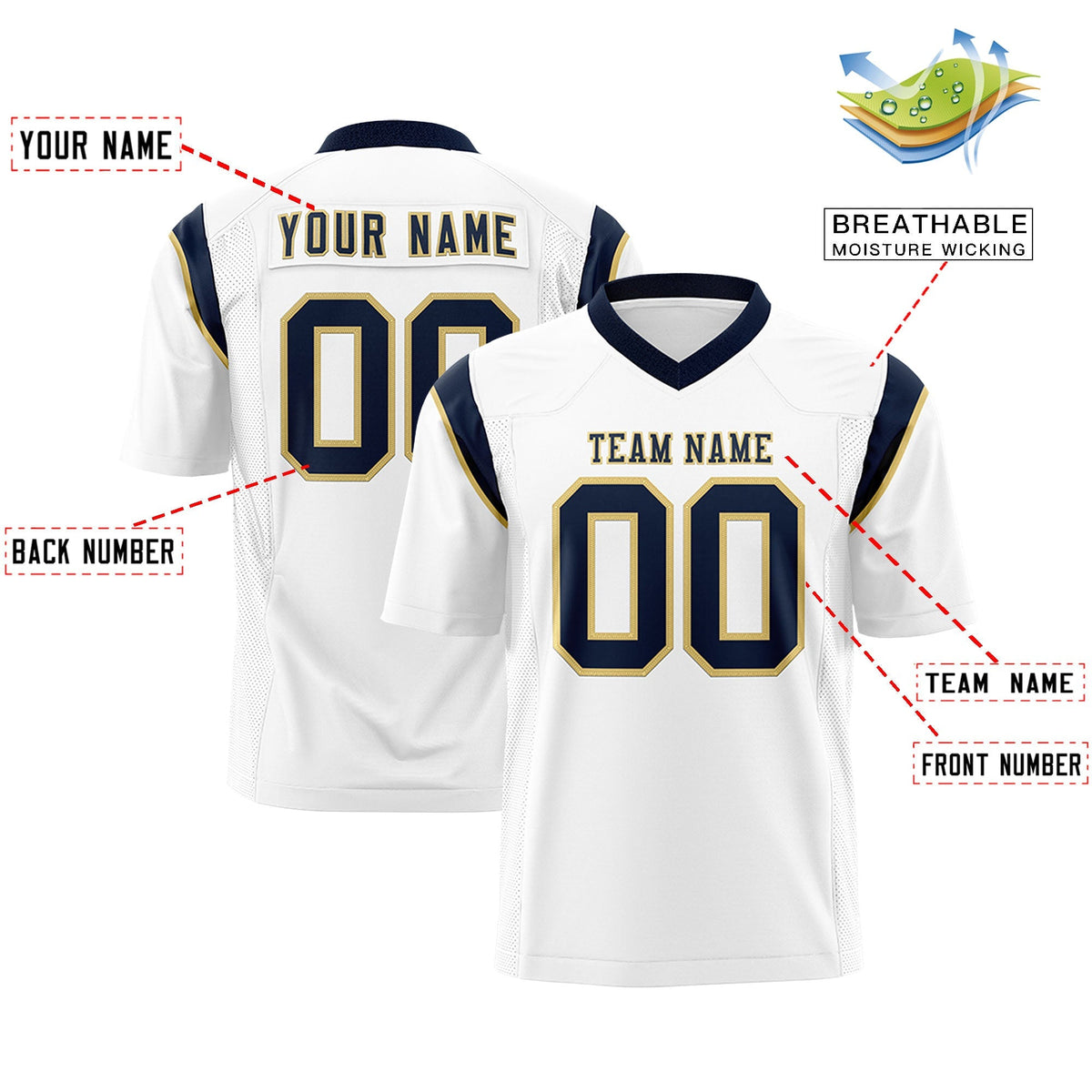 Custom White Navy Personalized Shoulder Cut Two-Tone Flag Football Jersey