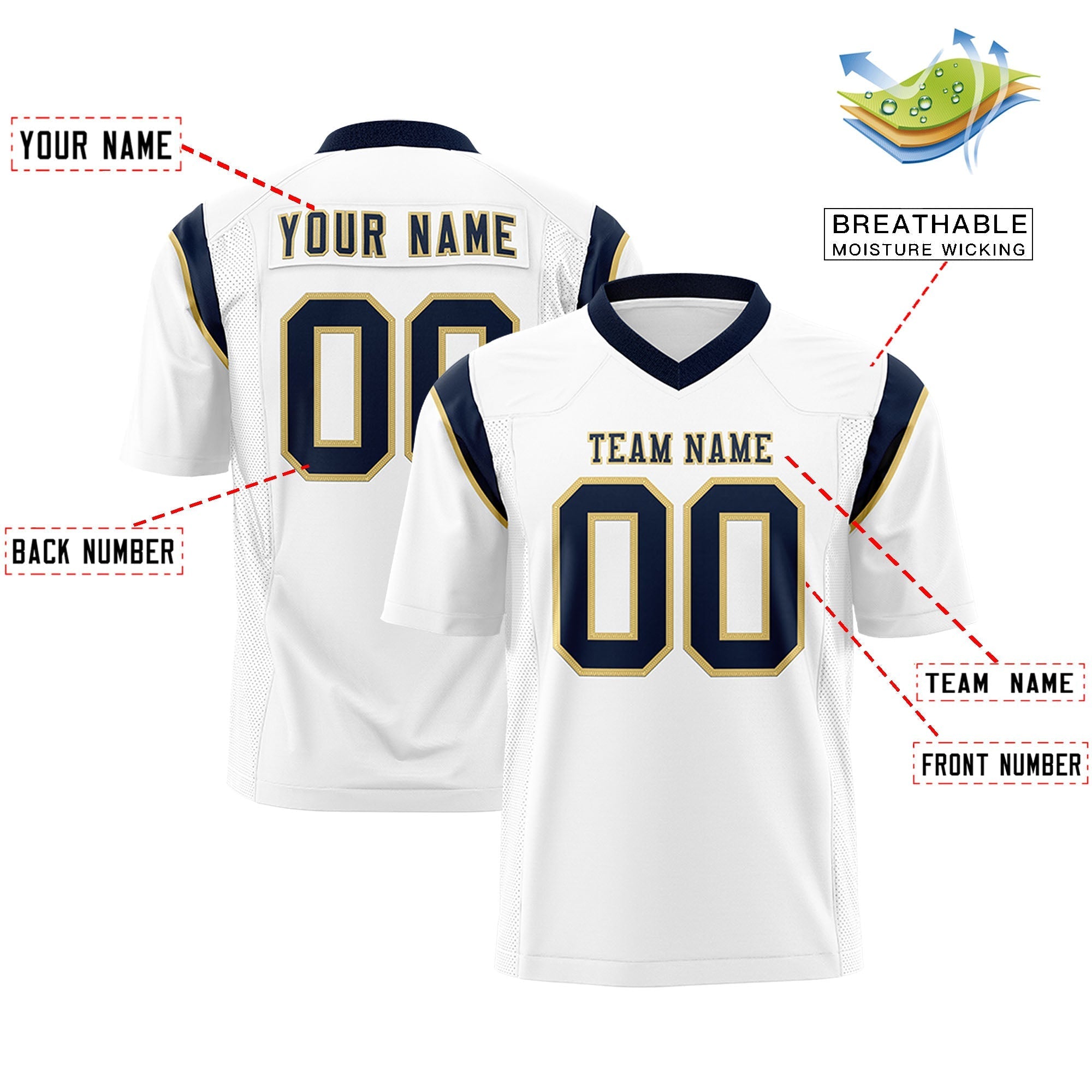 Custom White Navy Personalized Shoulder Cut Two-Tone Flag Football Jersey