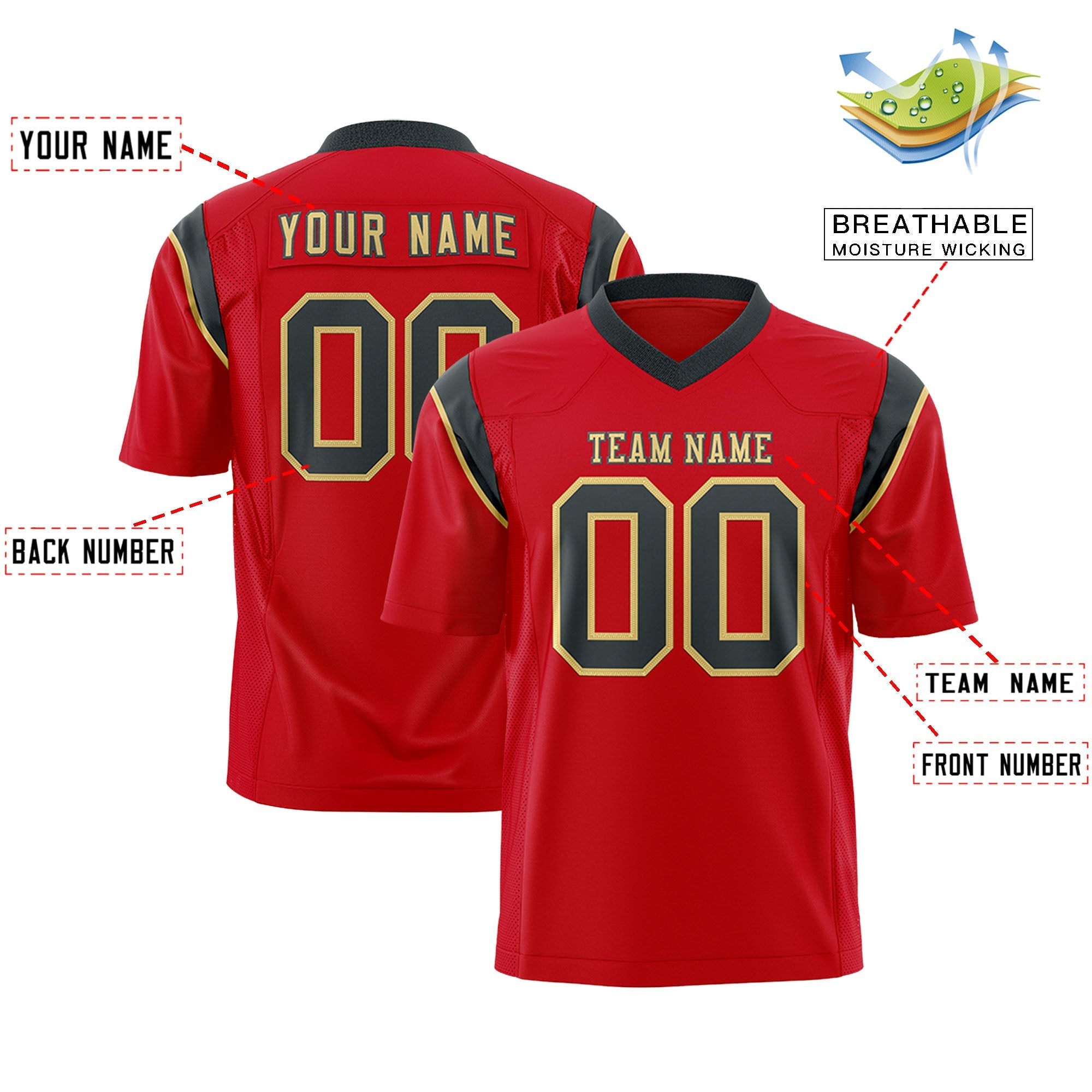 Custom Red Black Personalized Shoulder Cut Two-Tone Flag Football Jersey