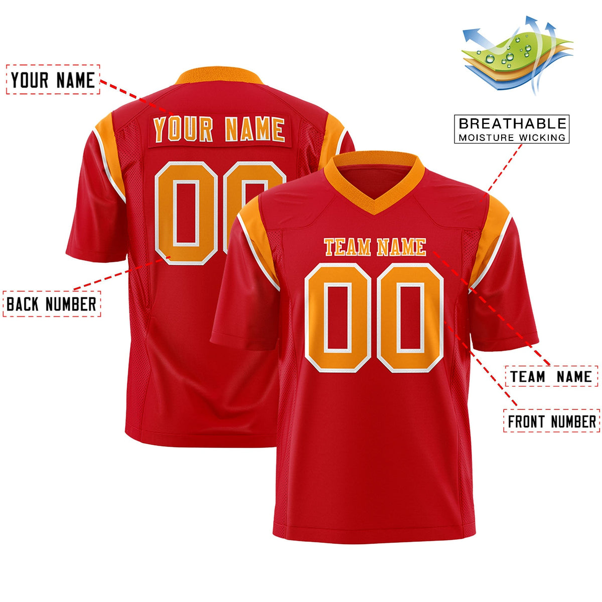 Custom Red Orange Personalized Shoulder Cut Two-Tone Flag Football Jersey