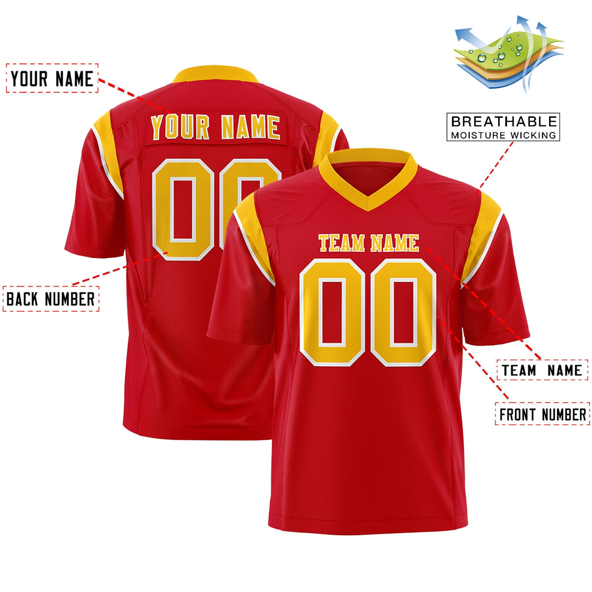 Custom Red Yellow Personalized Shoulder Cut Two-Tone Flag Football Jersey