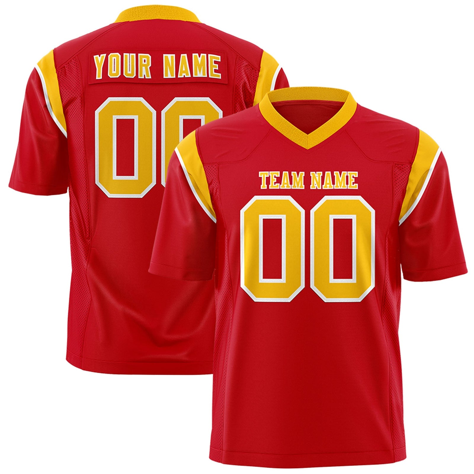 Custom Red Yellow Personalized Shoulder Cut Two-Tone Flag Football Jersey