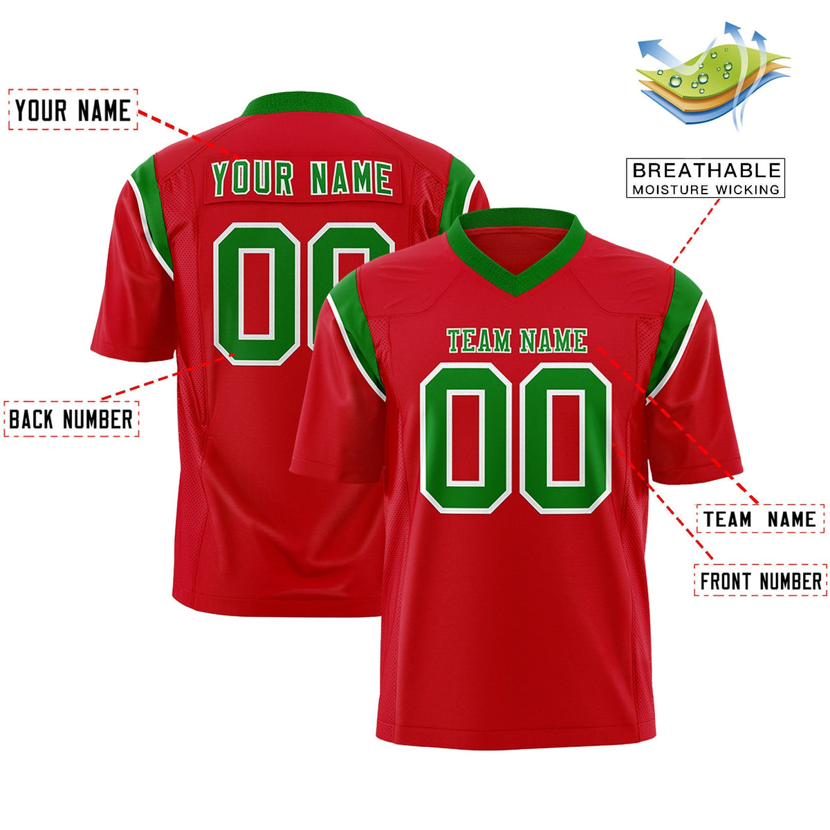 Custom Red Kelly Green Personalized Shoulder Cut Two-Tone Flag Football Jersey