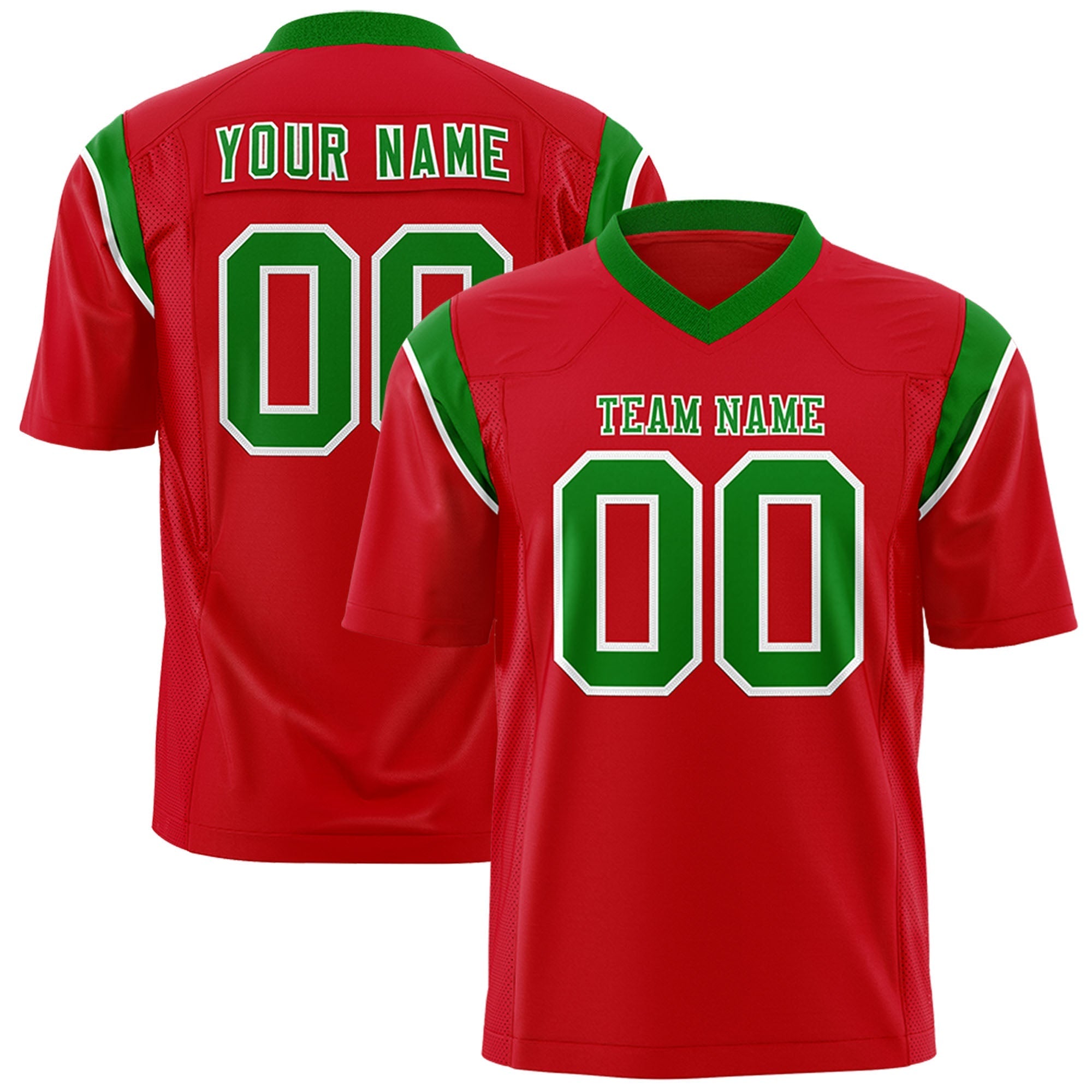 Custom Red Kelly Green Personalized Shoulder Cut Two-Tone Flag Football Jersey