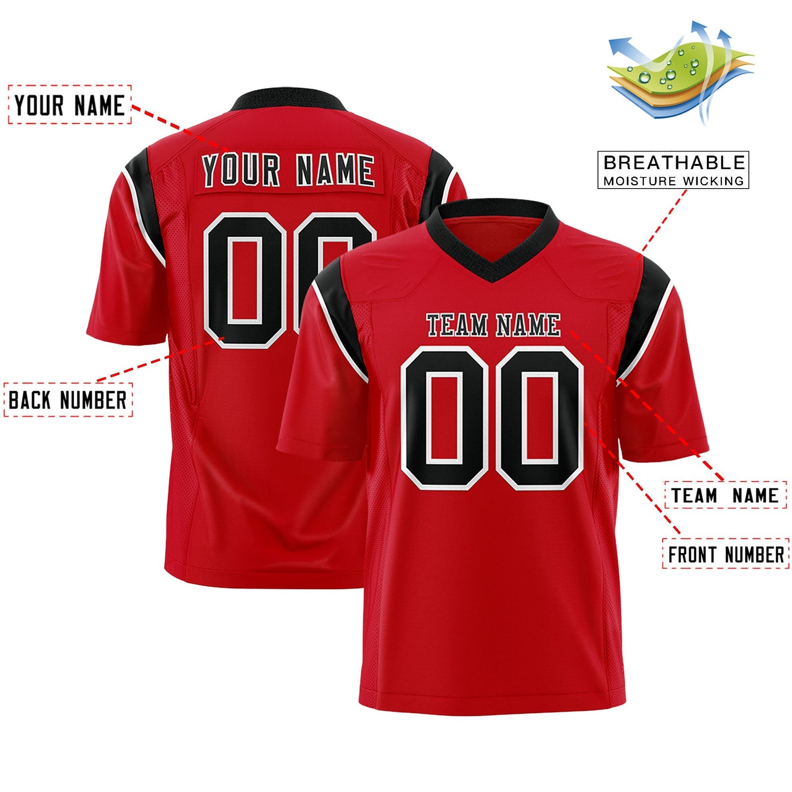 Custom Red Black Personalized Shoulder Cut Two-Tone Flag Football Jersey
