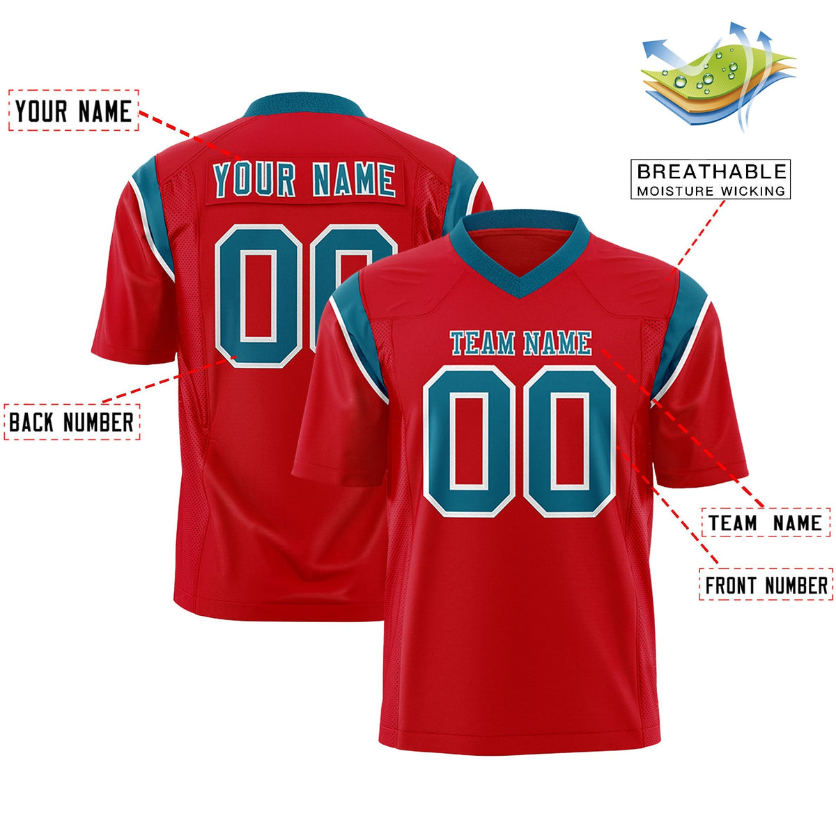 Custom Red Aqua Personalized Shoulder Cut Two-Tone Flag Football Jersey