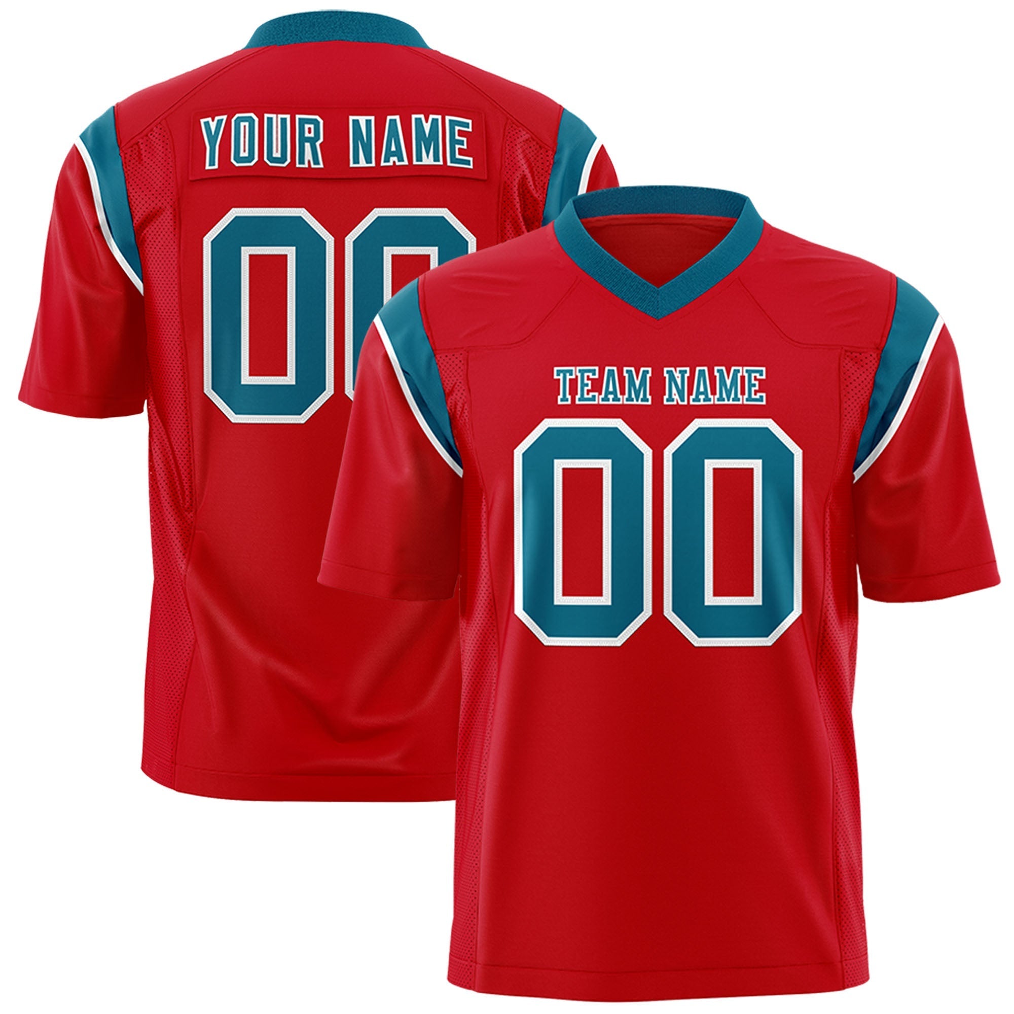 Custom Red Aqua Personalized Shoulder Cut Two-Tone Flag Football Jersey