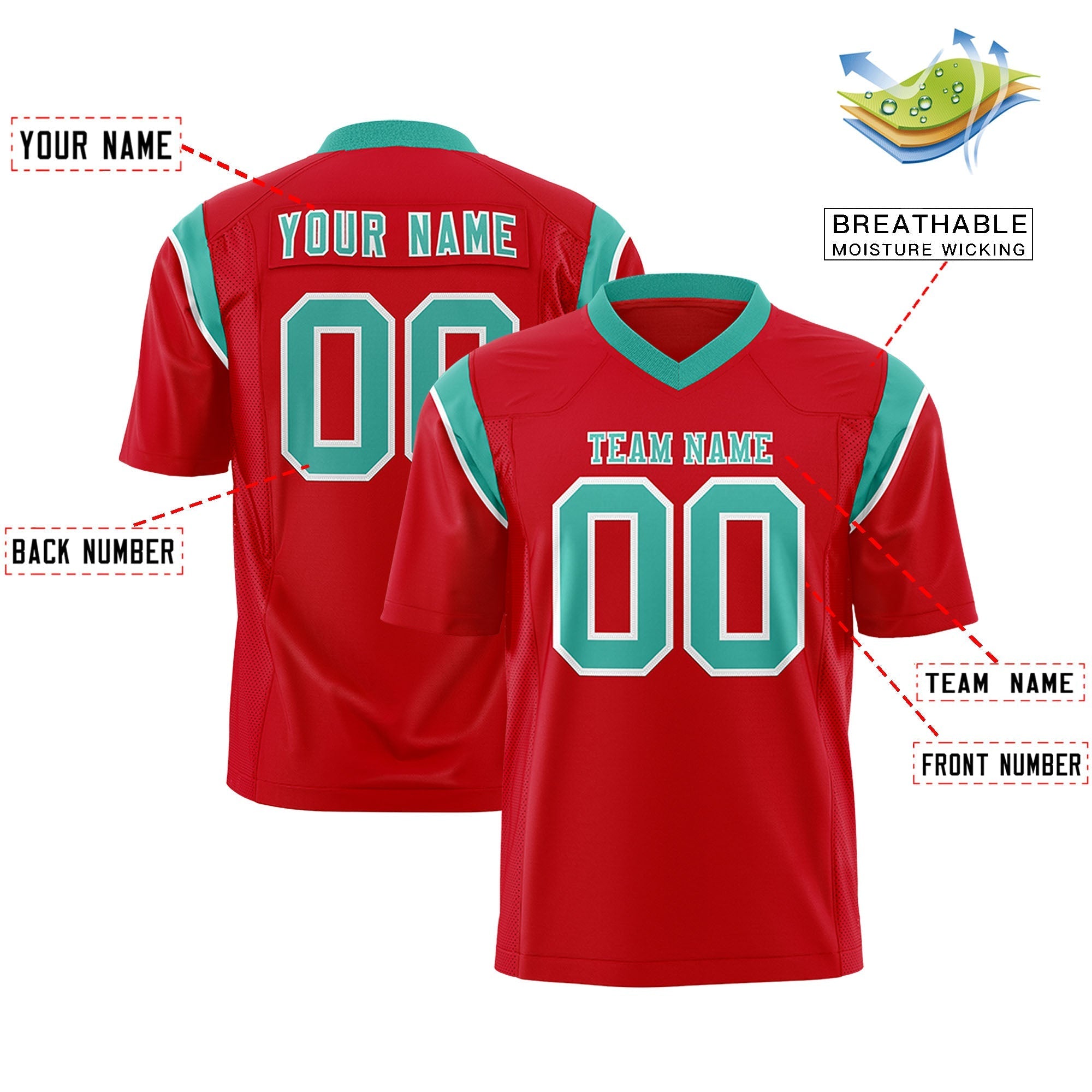 Custom Red Bright Green Personalized Shoulder Cut Two-Tone Flag Football Jersey