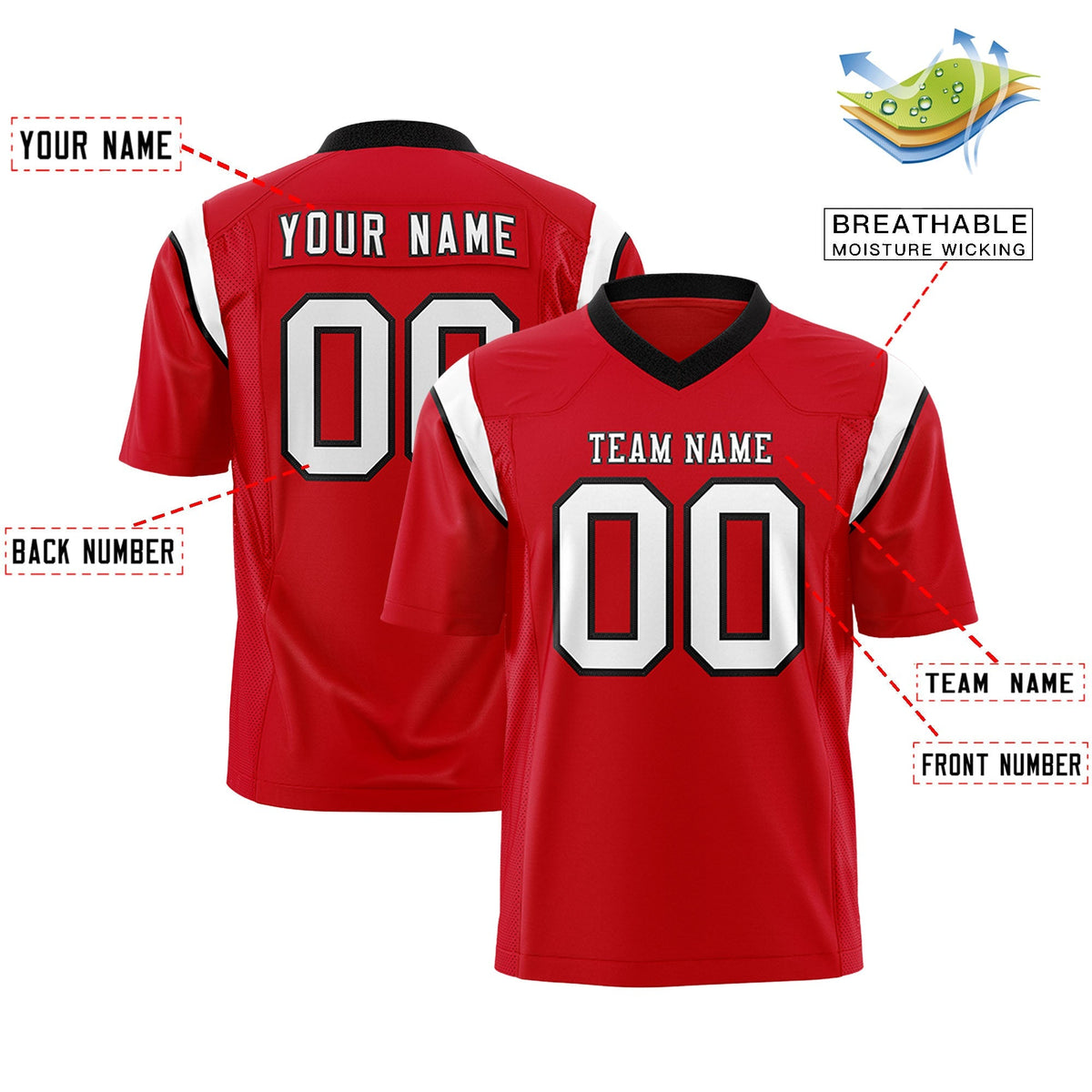 Custom Red White Personalized Shoulder Cut Two-Tone Flag Football Jersey