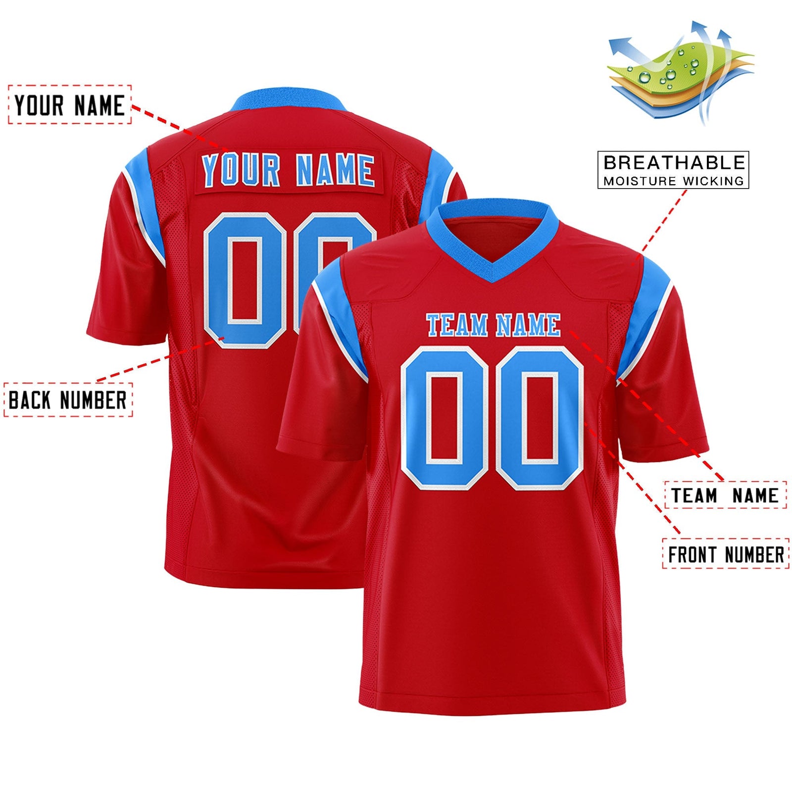 Custom Red Light Blue Personalized Shoulder Cut Two-Tone Flag Football Jersey