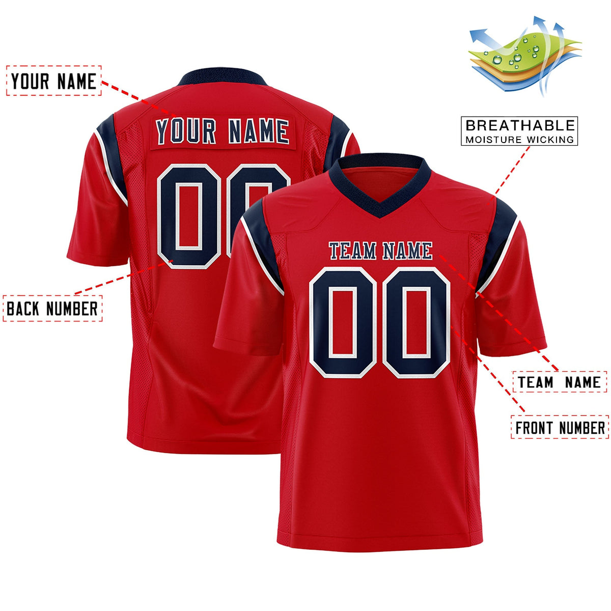 Custom Red Navy Personalized Shoulder Cut Two-Tone Flag Football Jersey