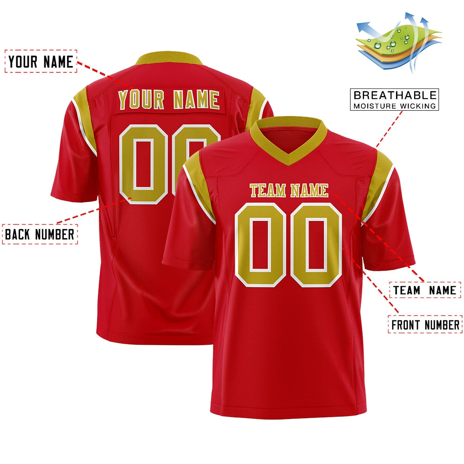 Custom Red Old Gold Personalized Shoulder Cut Two-Tone Flag Football Jersey