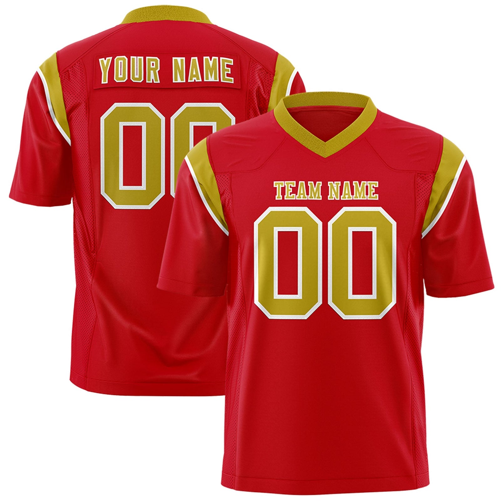 Custom Red Old Gold Personalized Shoulder Cut Two-Tone Flag Football Jersey