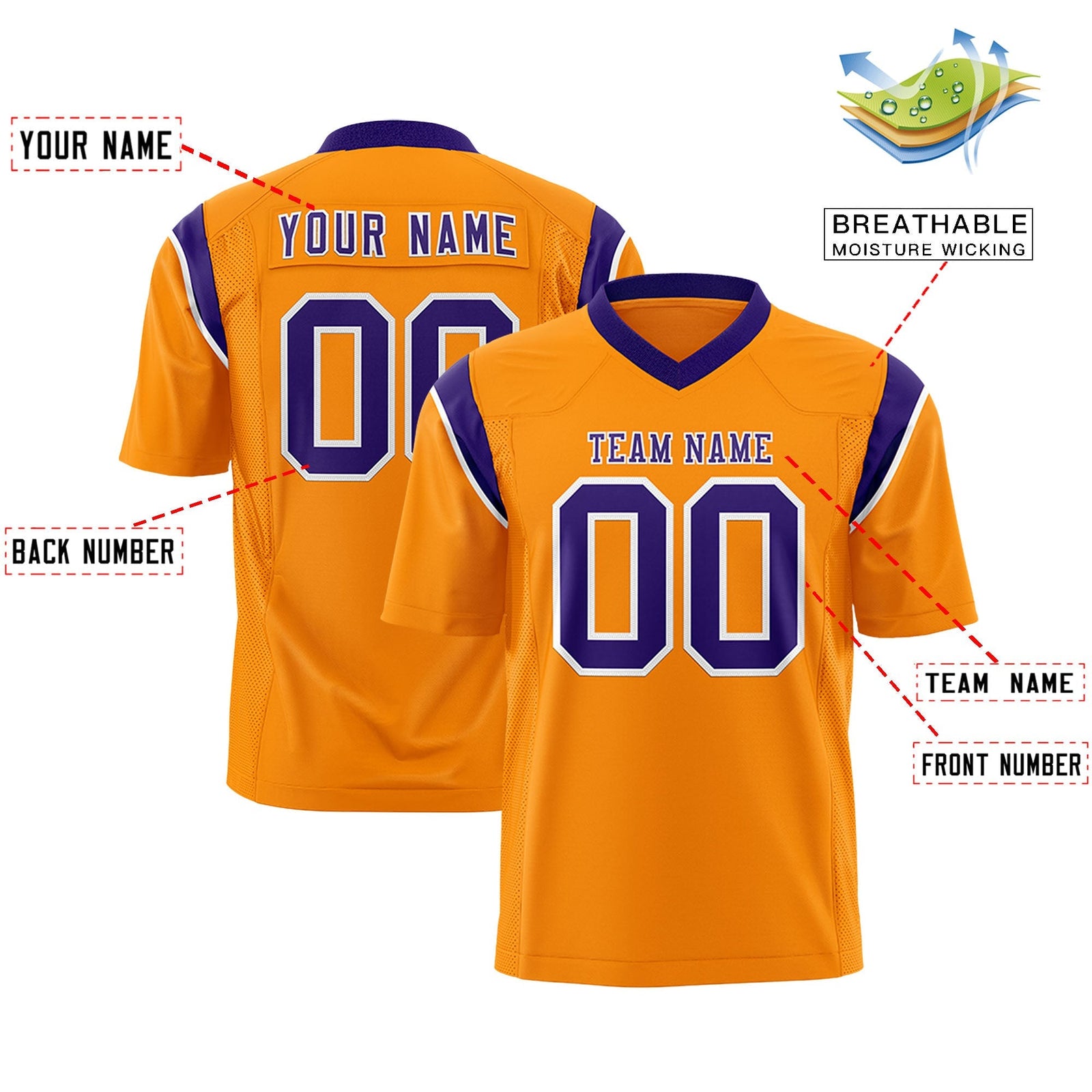 Custom Gold Orange Purple Personalized Shoulder Cut Two-Tone Flag Football Jersey